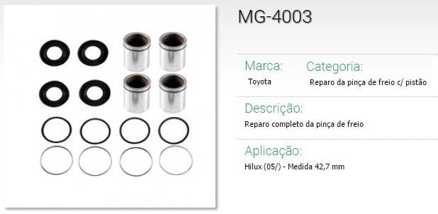 REPARO PINCA FREIO DIANTEIRA COM PISTAO TOYOTA HILUX 2005/ PARA UM LADO - 43MM