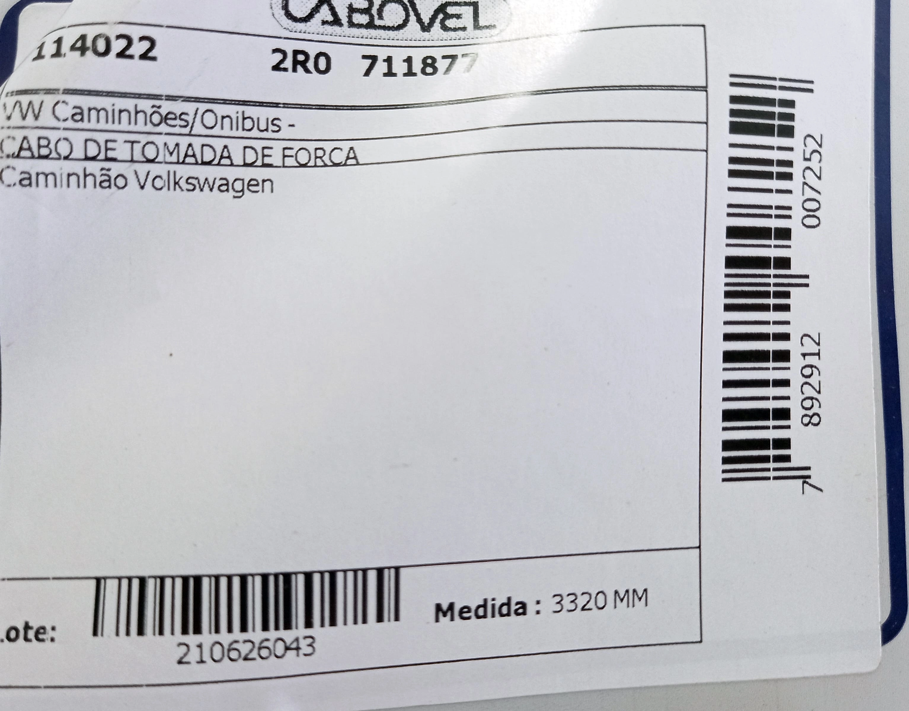 CABO TOMADA FORÇA 3320MM FORCA VW CAMINHOES