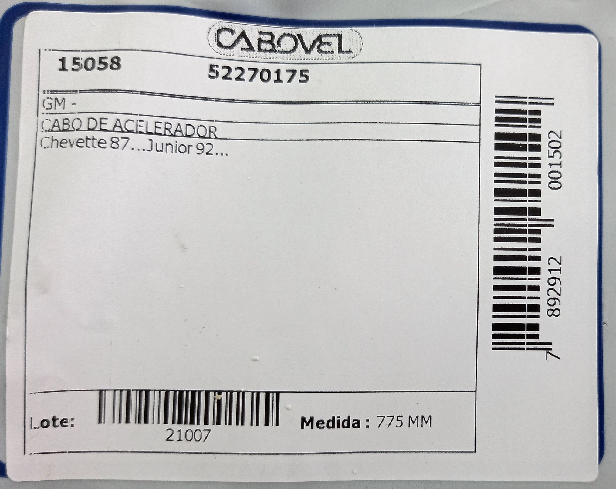 CABO ACELERADOR 775MM GM CHEVETTE/CHEVY/CHEVETTE/CHEVY JUNIOR 87/ 775