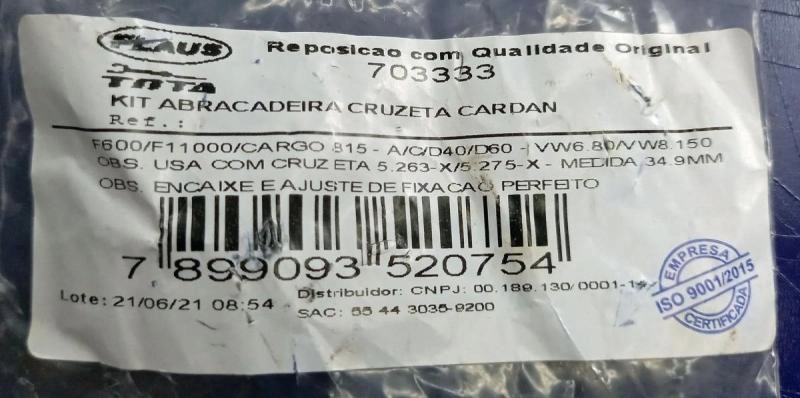 KIT ABRACADEIRA C/PARAFUSOS P/CRUZETA CARDAN FORD/GM/VW/AGRALE - C/CRUZETA 5-263/5-275XS