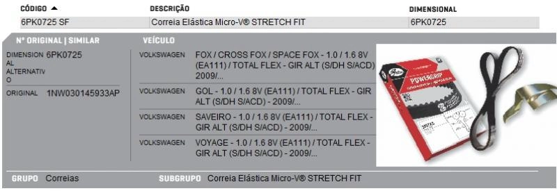 CORREIA POLY/MICRO V ELÁSTICA ALTERNADOR ACESSÓRIOS MOTOR GIRABREQUIM/ALTERNADOR GIR/ALT S/DH S/ACD VW GOL/VOYAGE/SAVEIRO/FOX/SPACEFOX/CROSSFOX 08/