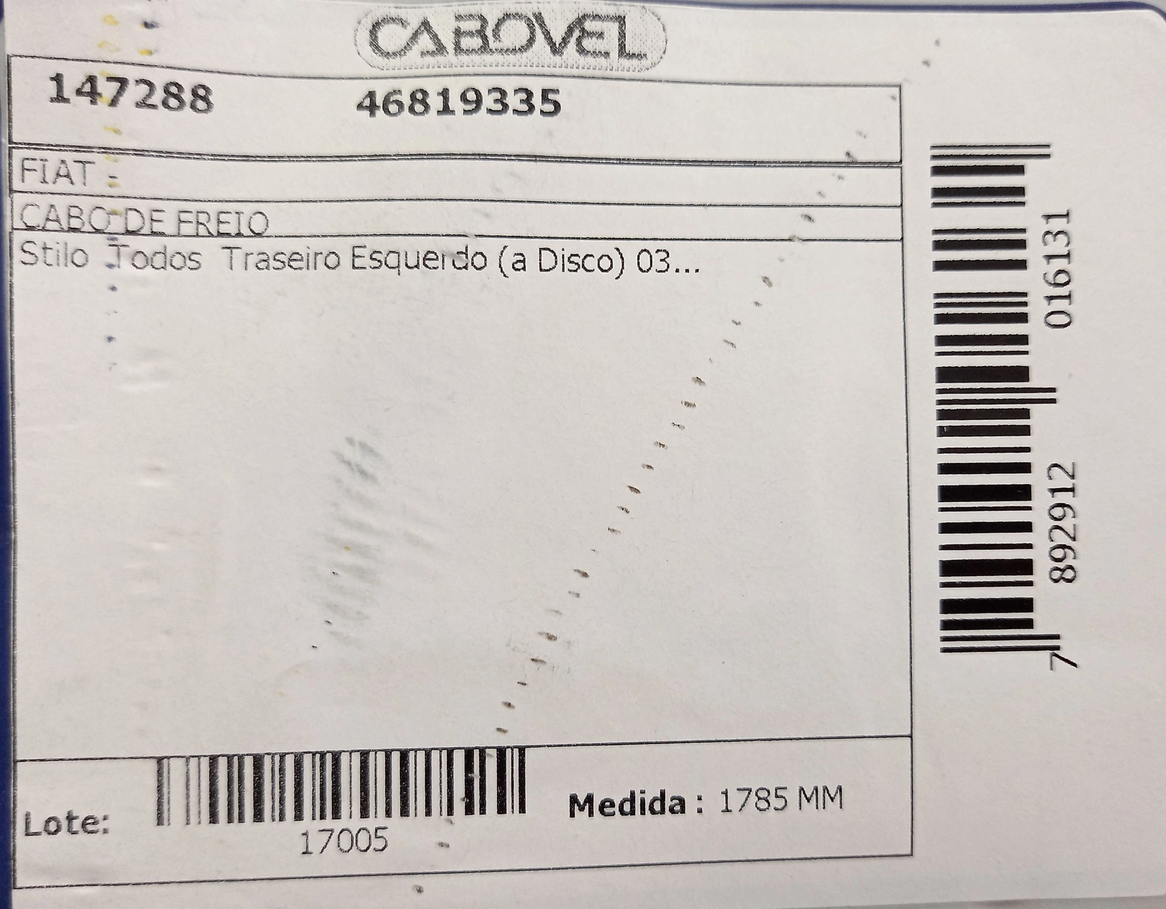 CABO FREIO TRASEIRO ESQUERDO 1785MM FIAT STILO 2003/ TODOS A DISCO 1785