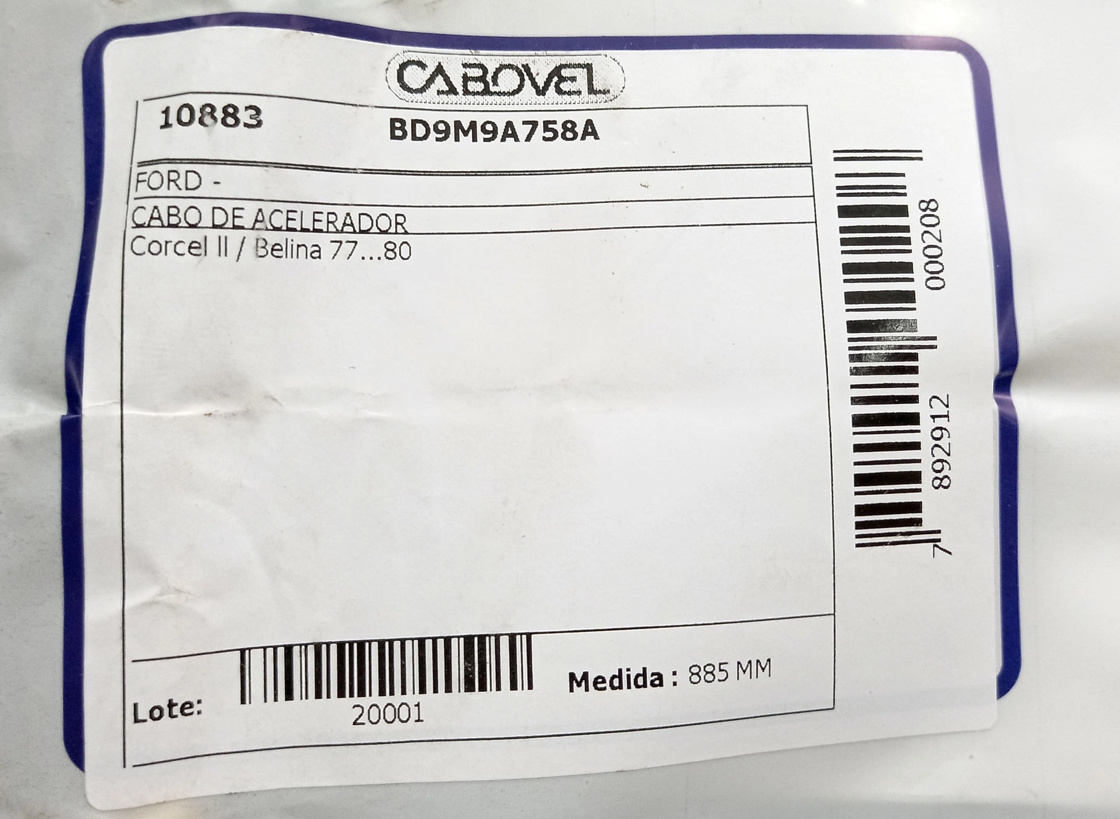 CABO ACELERADOR 885MM FORD CORCEL II/BELINA 1977/1980