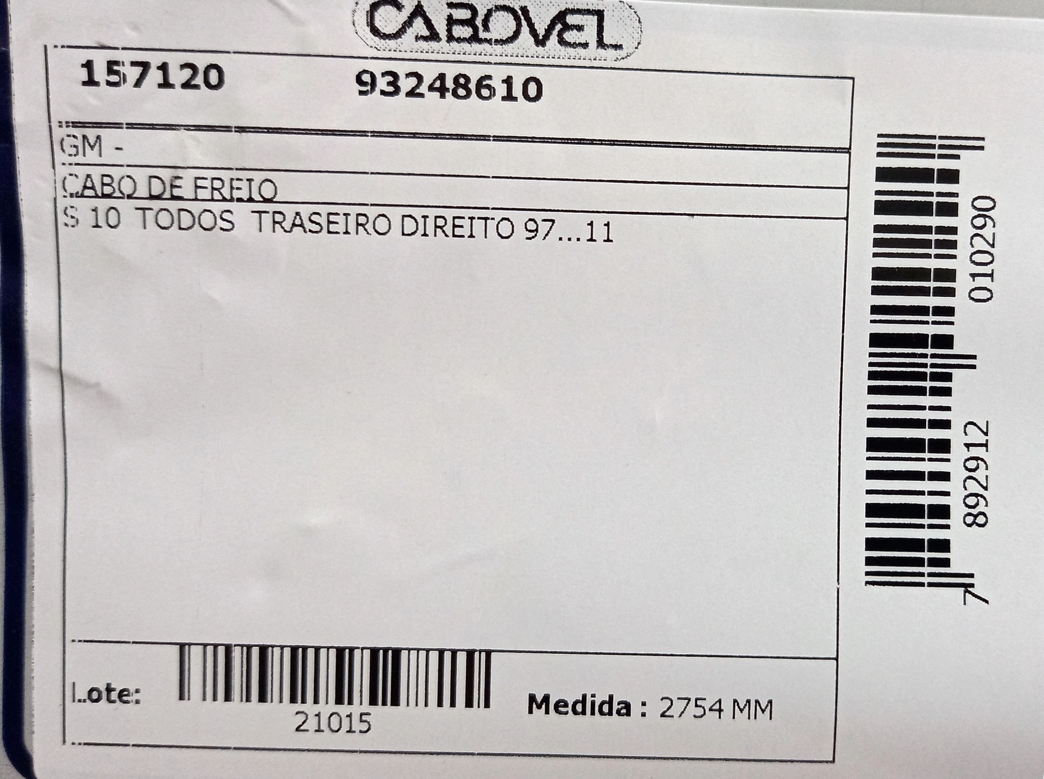 CABO FREIO TRASEIRO LADO DIREITO 2754MM GM S-10 97/11 TODOS