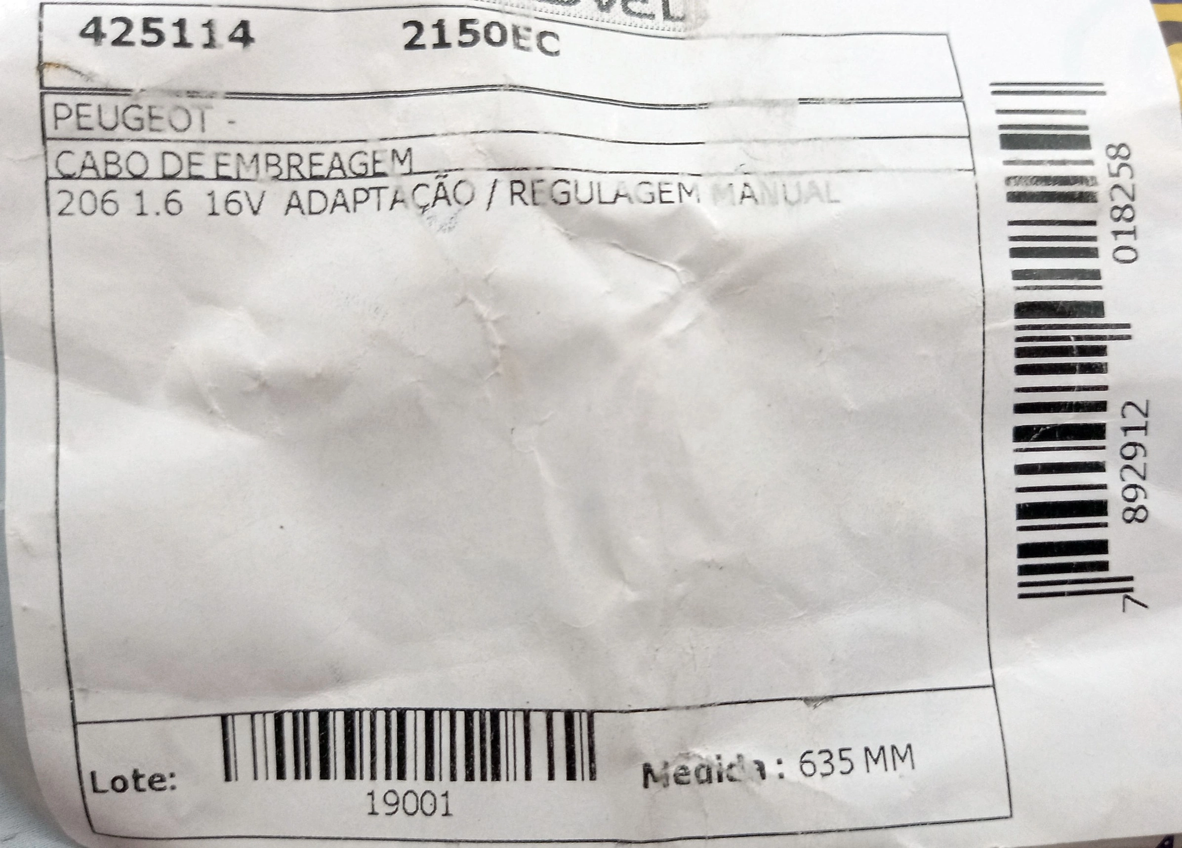 CABO EMBREAGEM PEUGEOT 206 1.6 16V 2002/ - 635MM