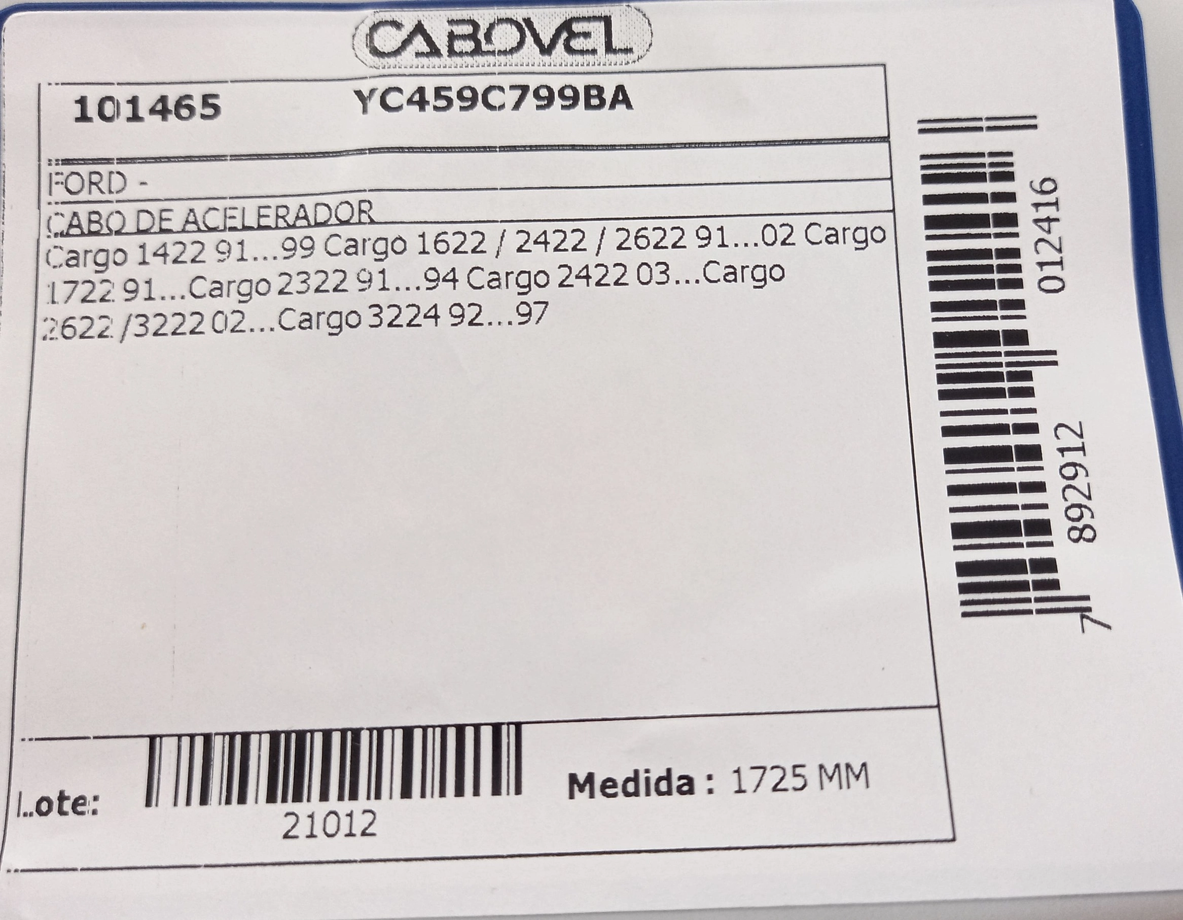 CABO ACELERADOR 1725MM FORD CARGO 1422/1622/1630/2322/2422/3224 95/