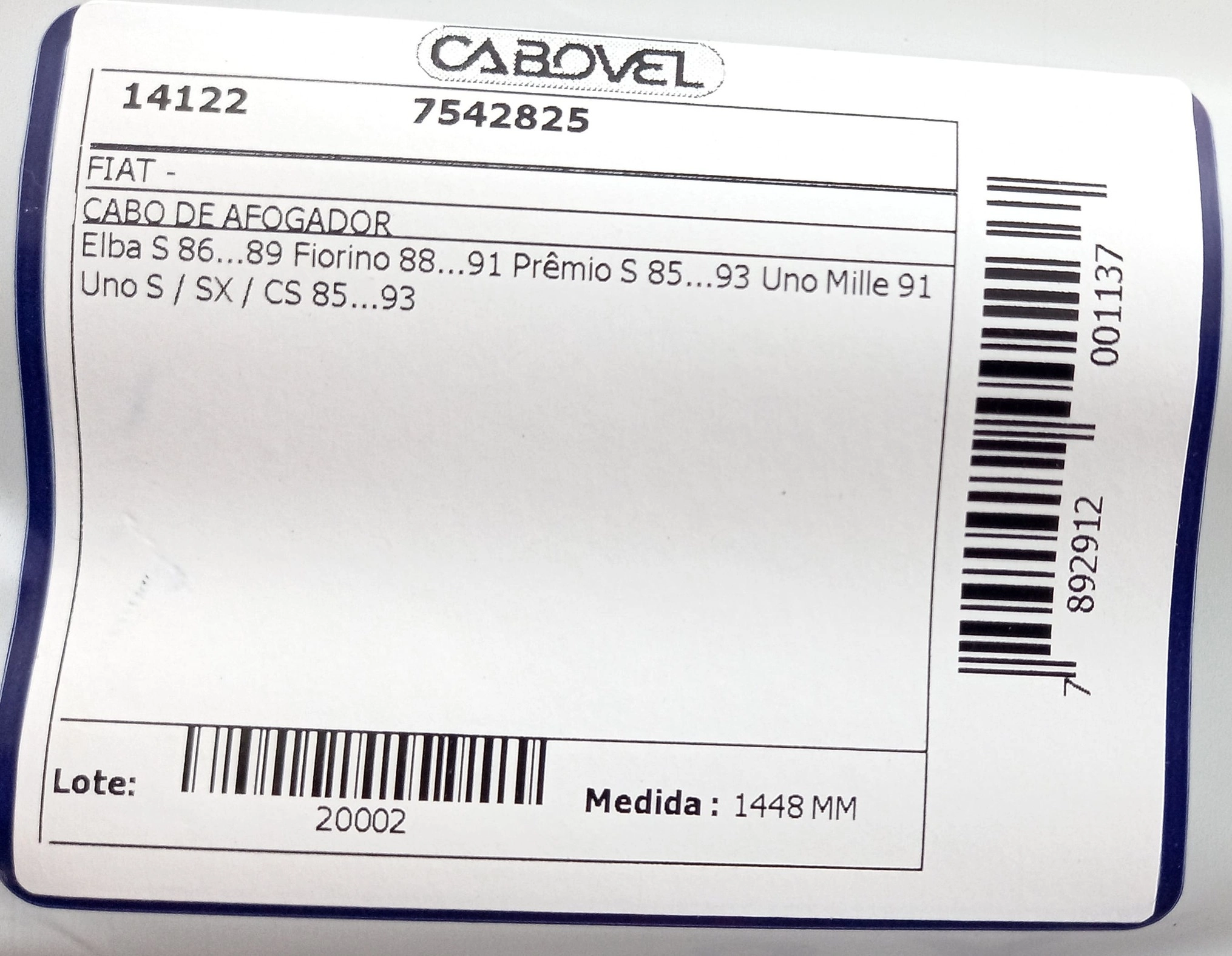 CABO AFOGADOR FIAT UNO MILLE 91 - UNO S/SX/CS PREMIO S 85/93 - FIORINO 88/91 1448MM