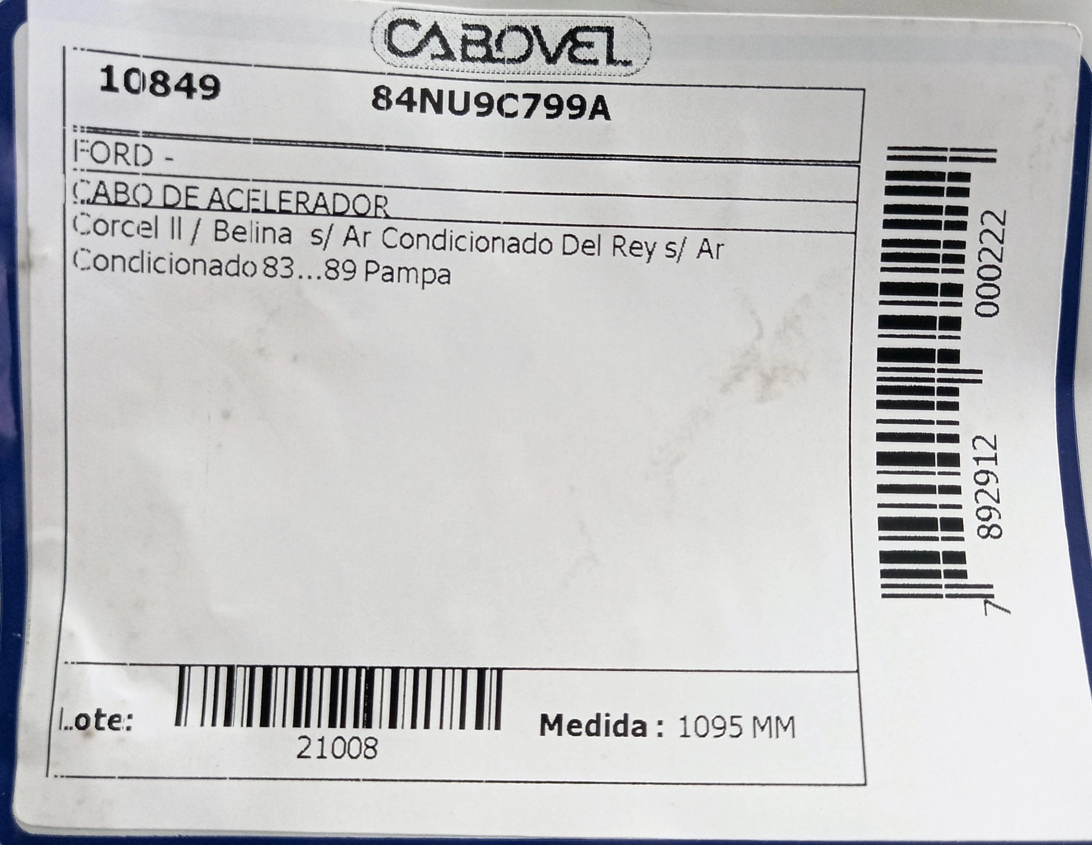 CABO ACELERADOR 1095MM FORD CORCEL II/BELINA II/DEL REY/PAMPA S/AC 83/89