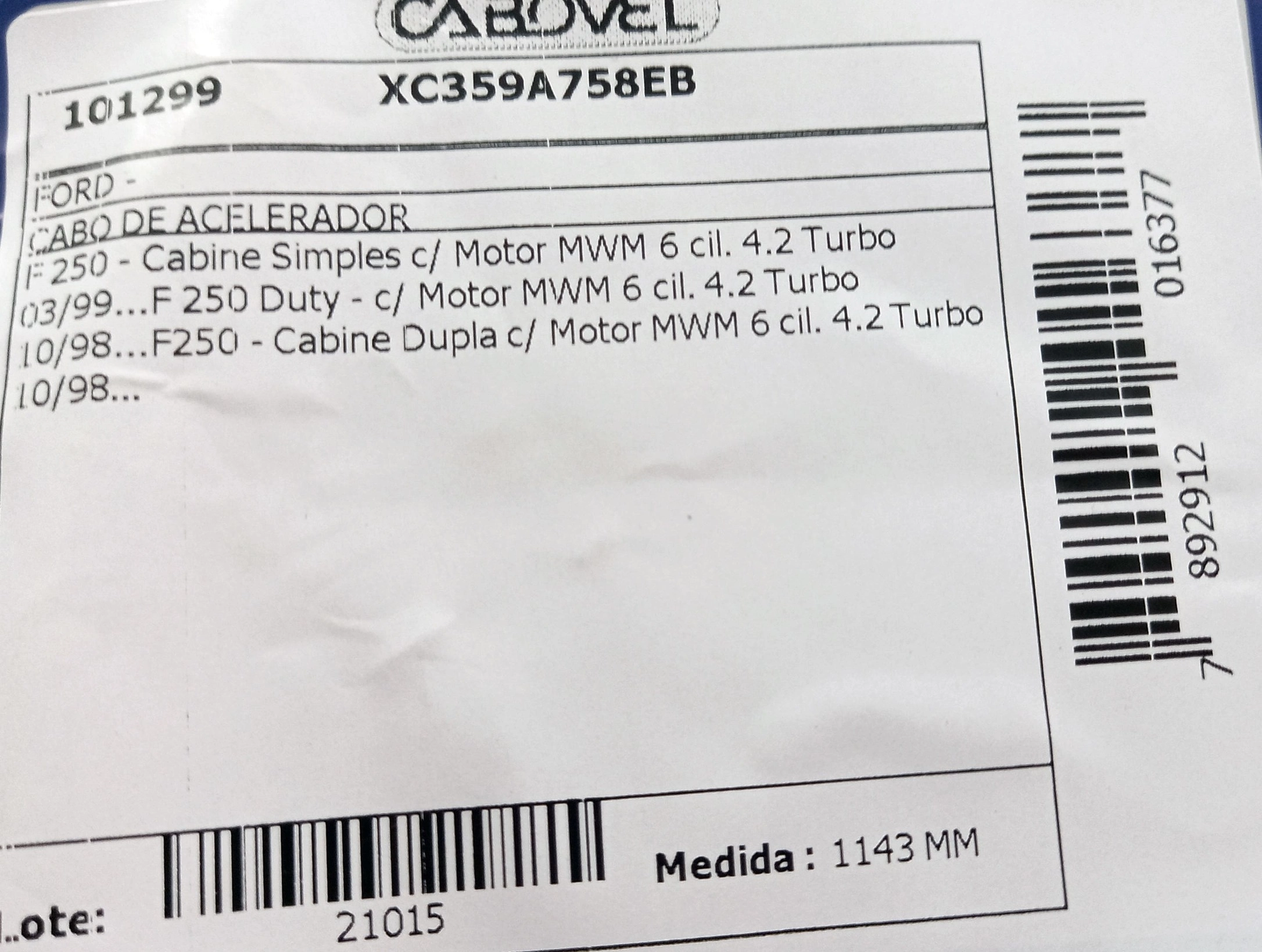 CABO DE ACELERADOR FORD F-250 1998/ MOTOR MWM - 1143MM