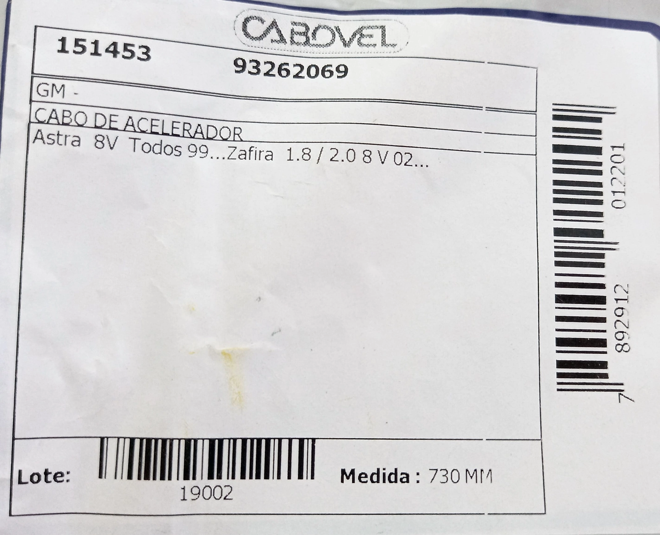 CABO ACELERADOR 745MM GM ASTRA 8 V 99/ 730