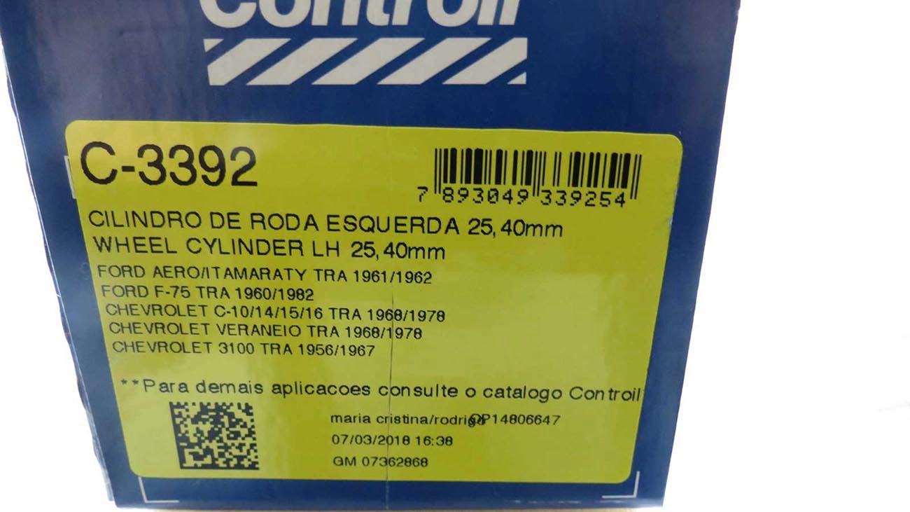 CILINDRO RODA FREIO TRASEIRO LADO ESQUERDO TRASEIRA ESQUERDA WILLYS F-75 60/82 AERO 61/62 GM C-10/C-14/VERANEIO 68/78 25,40