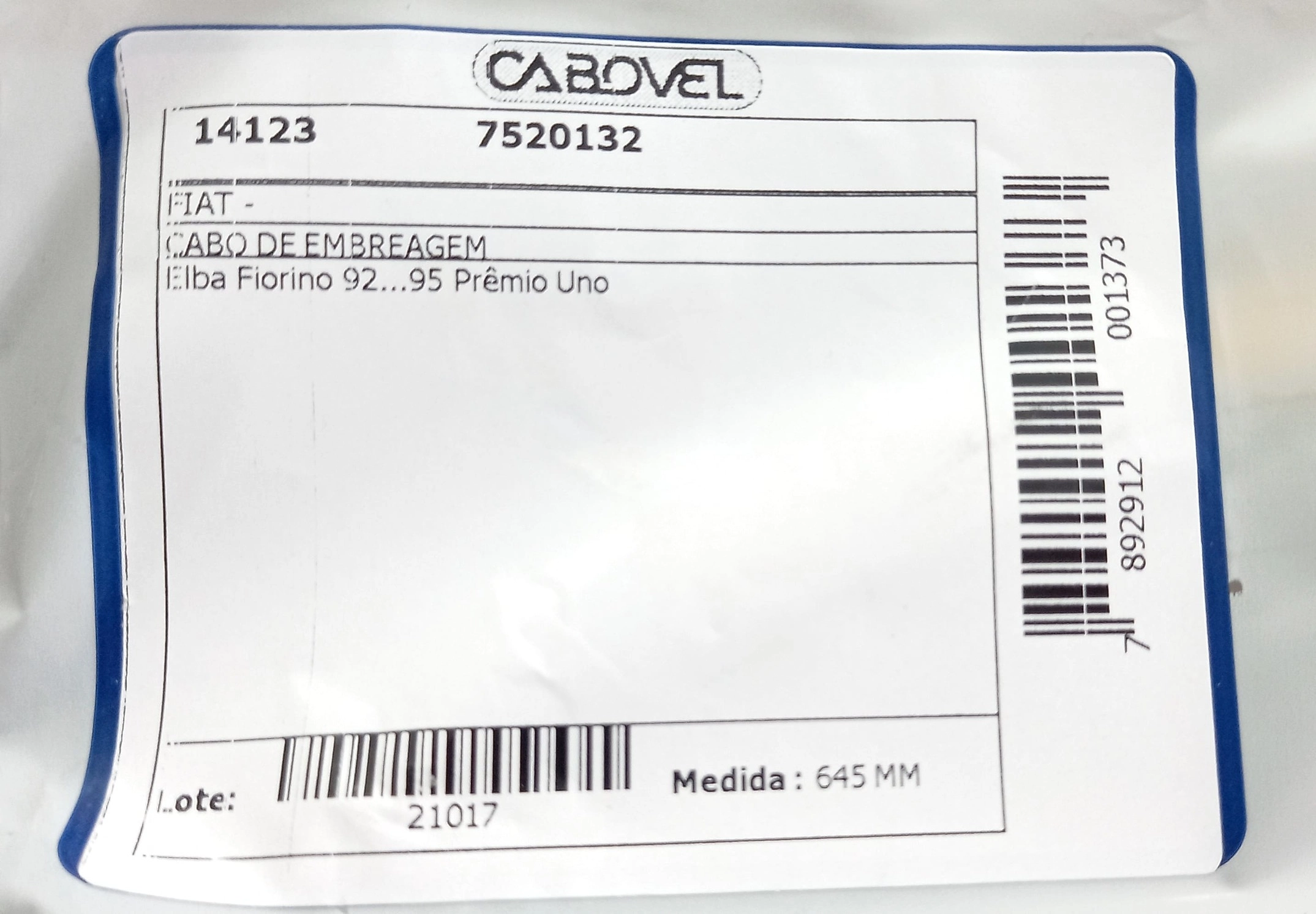 CABO EMBREAGEM 645MM FIAT UNO/PREMIO/ELBA/FIORINO 92/