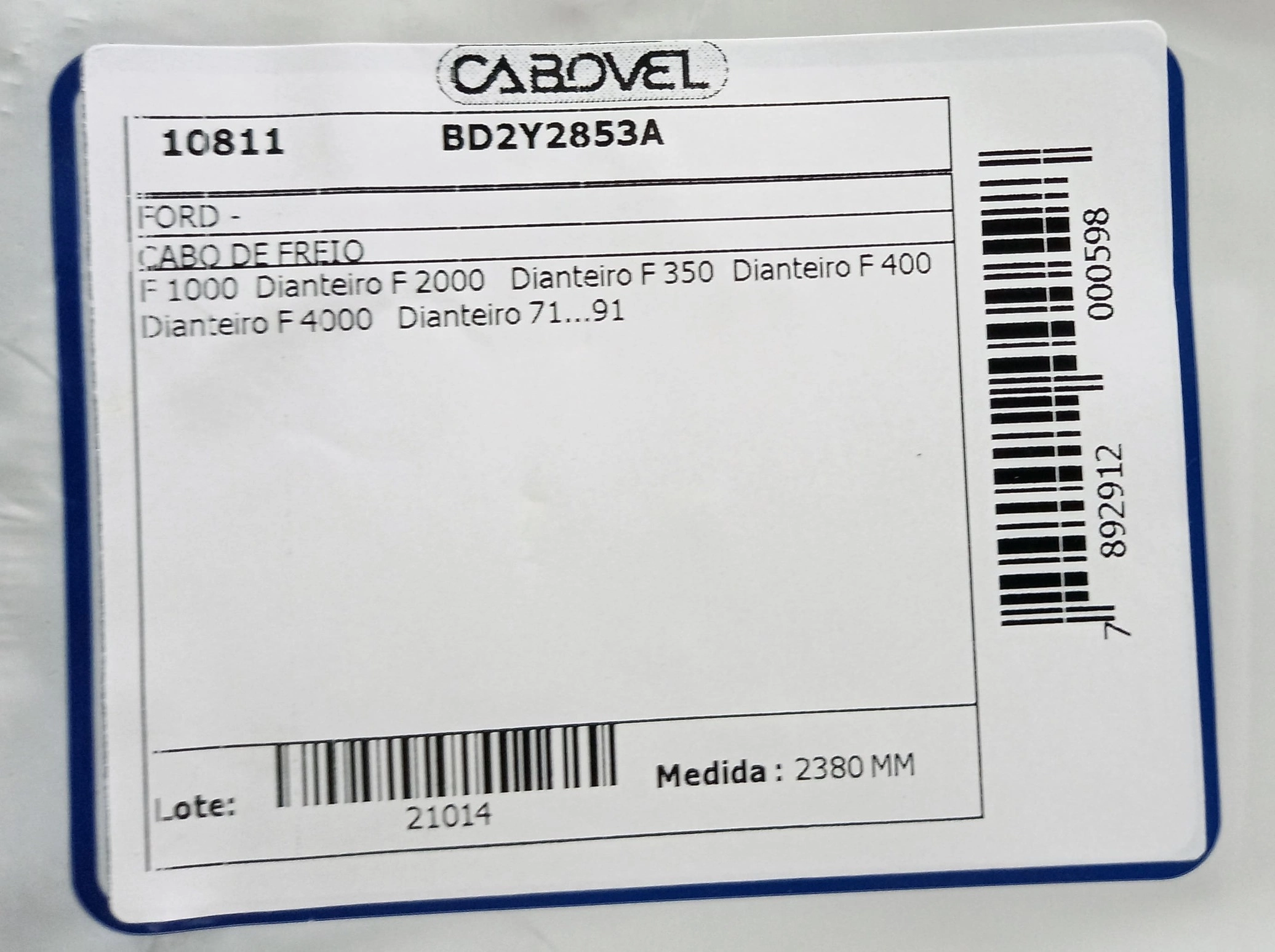 CABO FREIO DIANTEIRO 2380MM FORD F-350/F-400/F-1000/F-2000/F-4000 1971/1991