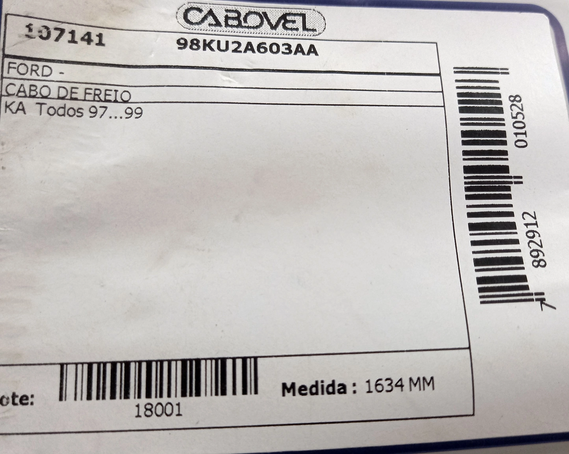 CABO FREIO TRASEIRO 1634MM FORD KA TODOS 97/