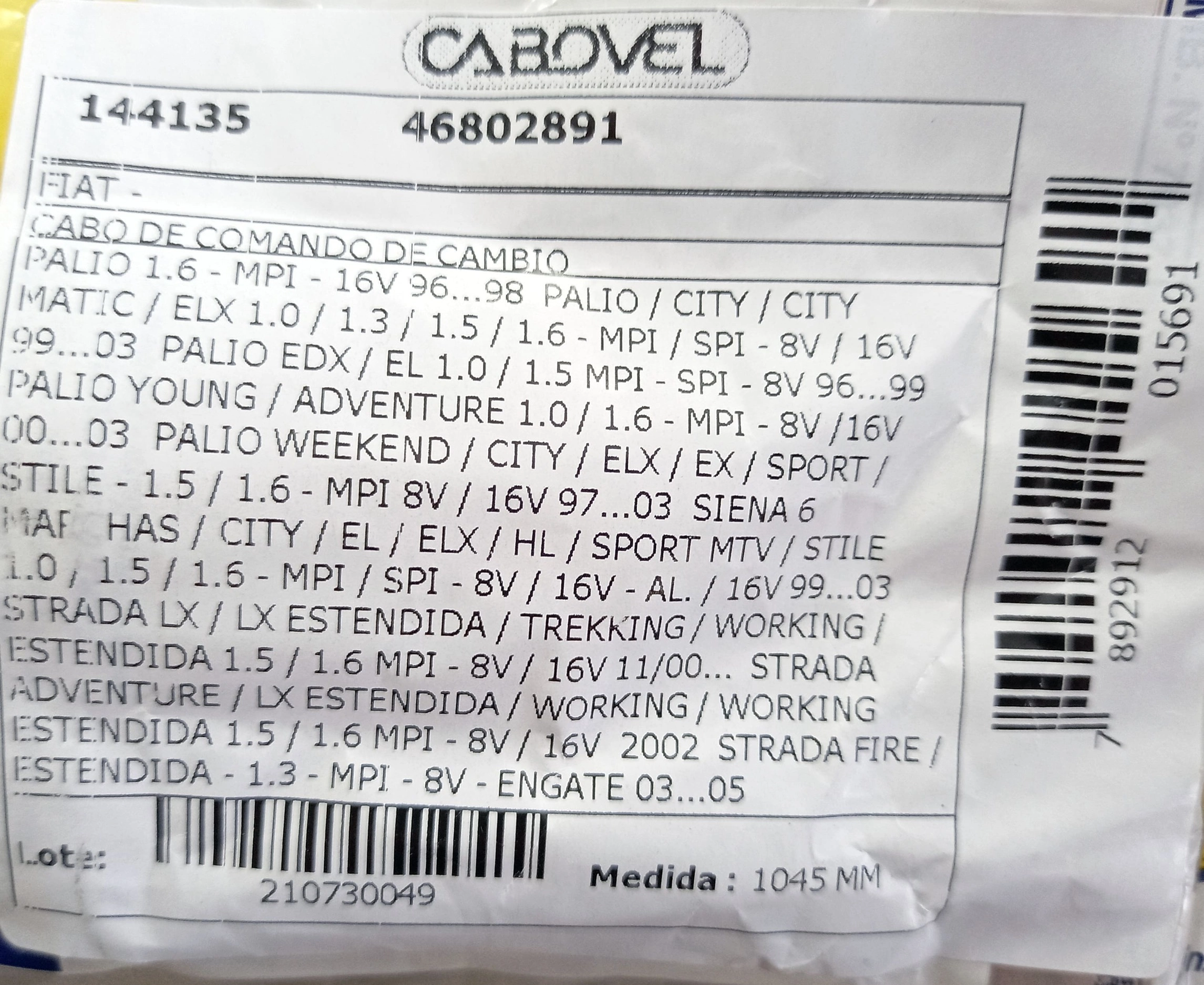 CABO CÂMBIO ENGATE MARCHAS FIAT PALIO 1996/2000 - PALIO 1.6 16V 2001/2003 - 1045MM