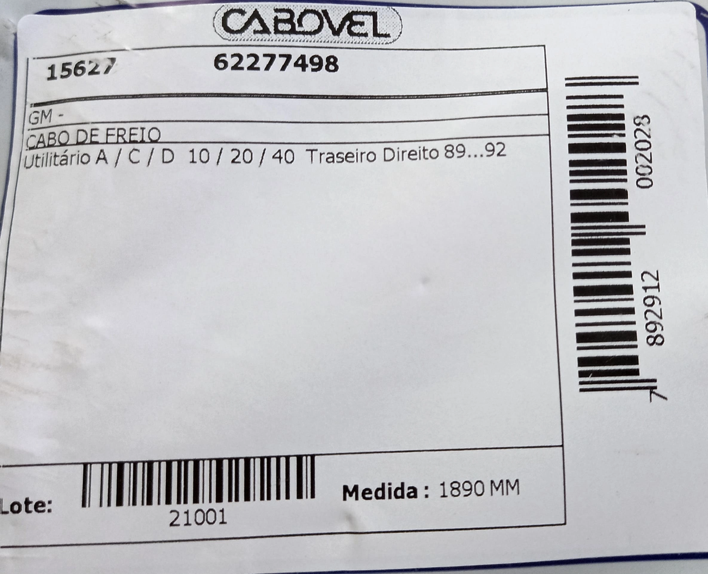 CABO FREIO TRASEIRO DIREITO 1890MM GM A/C/D-10/20/40 89/92 1890