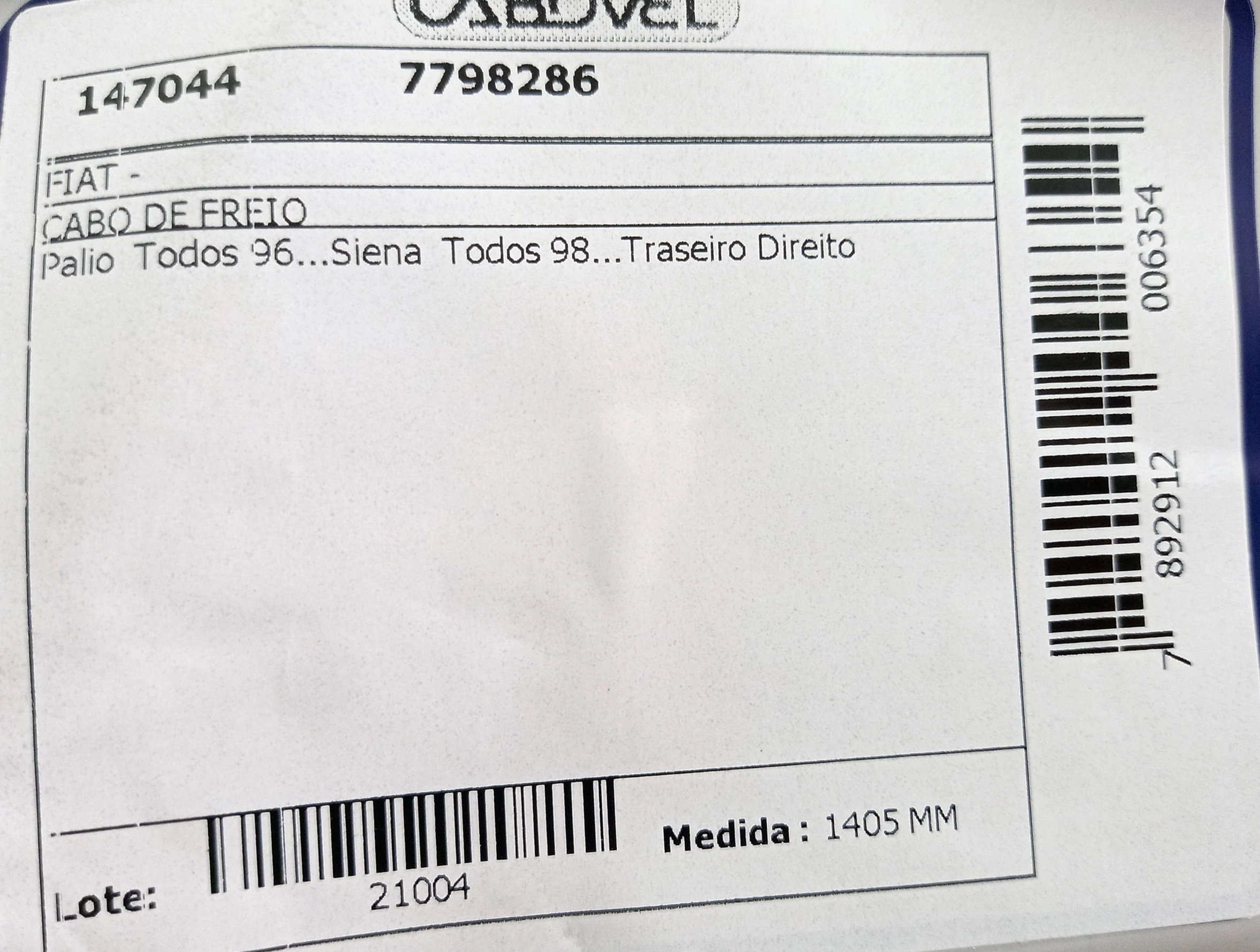 CABO FREIO TRASEIRO LADO DIREITO 1405MM FIAT PALIO/SIENA 96/ TODOS