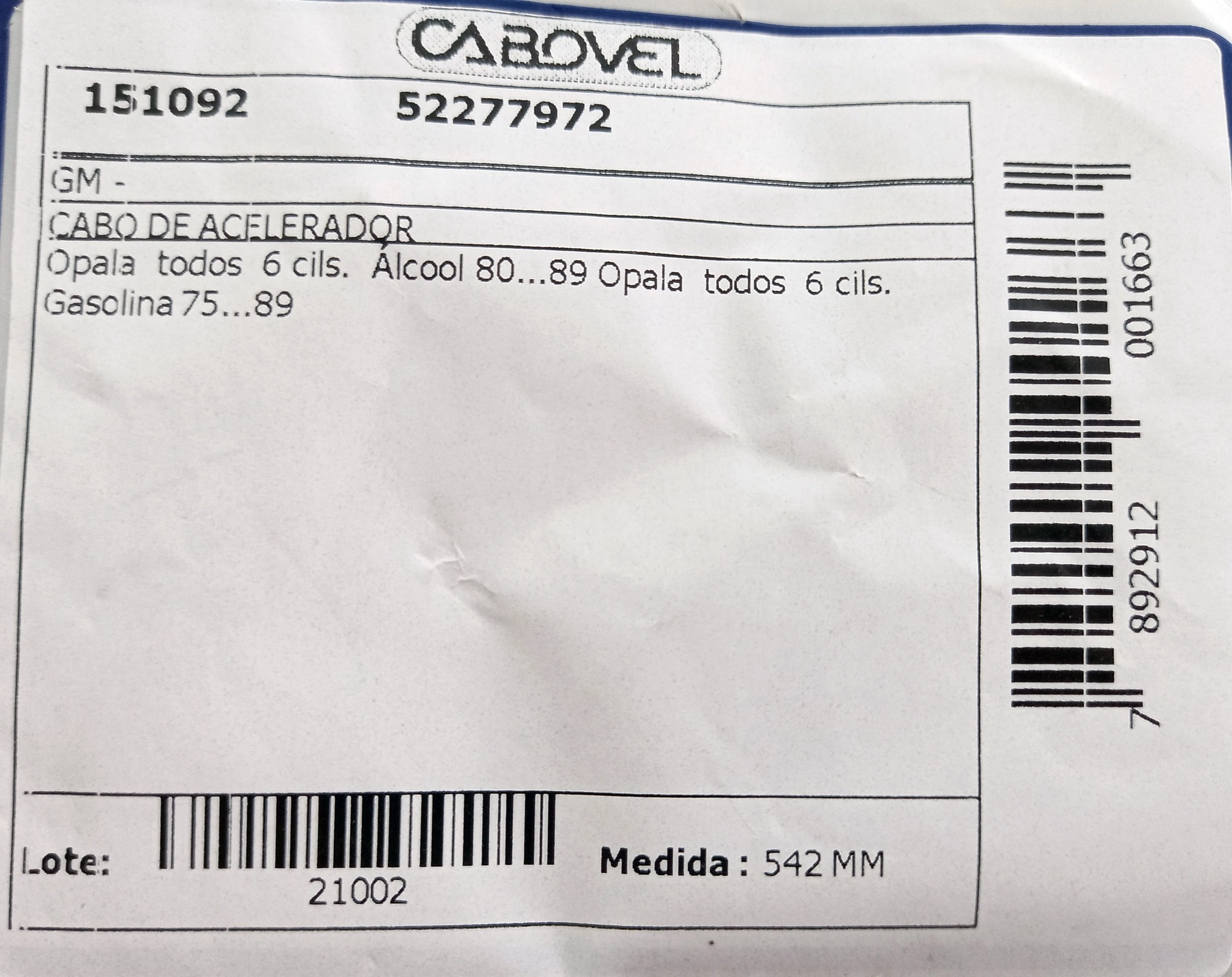CABO ACELERADOR 542MM GM OPALA/CARAVAN TODOS 6 CIL. GASOLINA/ALCOOL 75/