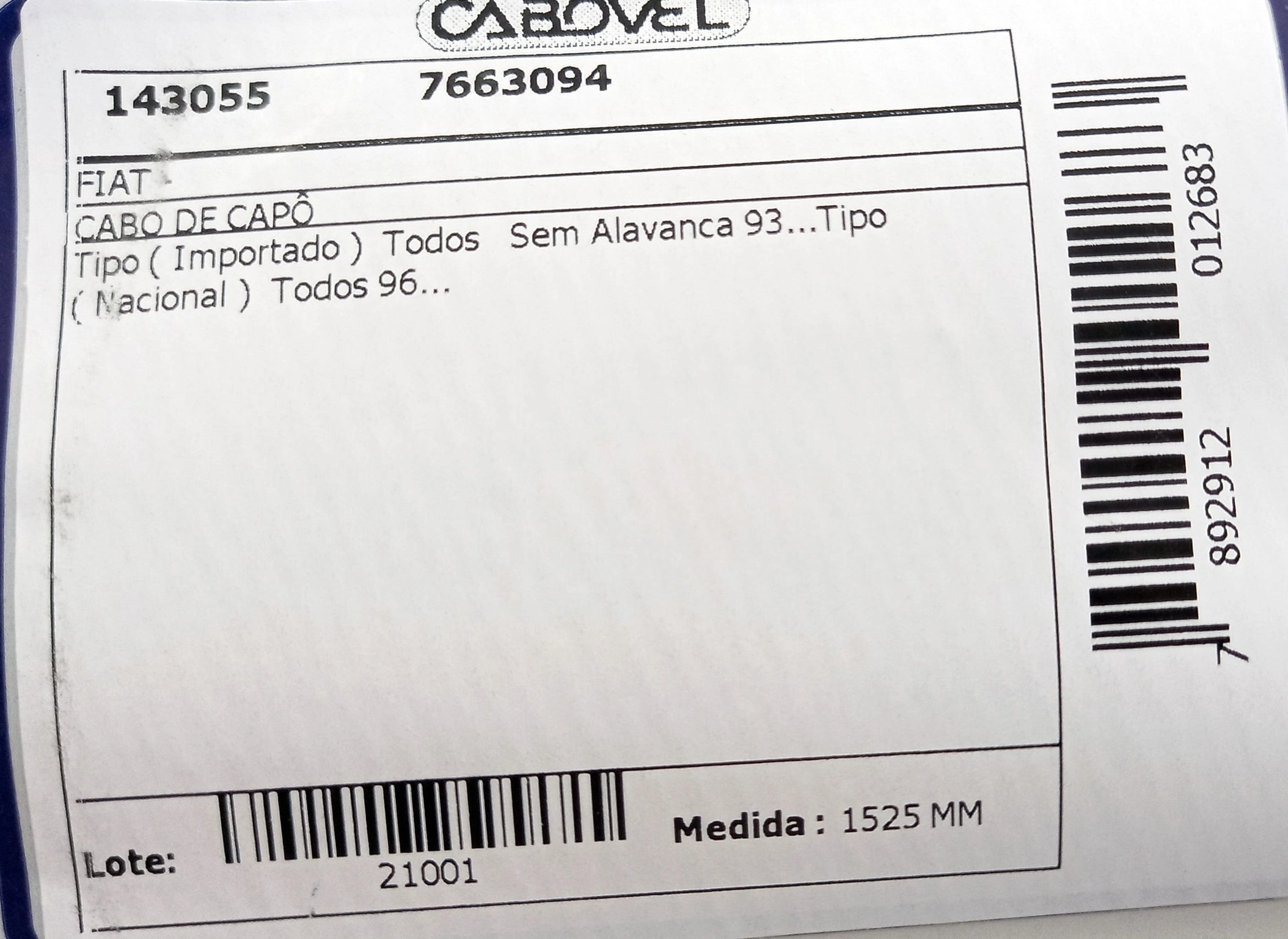 CABO CAPÔ SEM ALAVANCA 1525MM CAPO FIAT TIPO 93/ TODOS