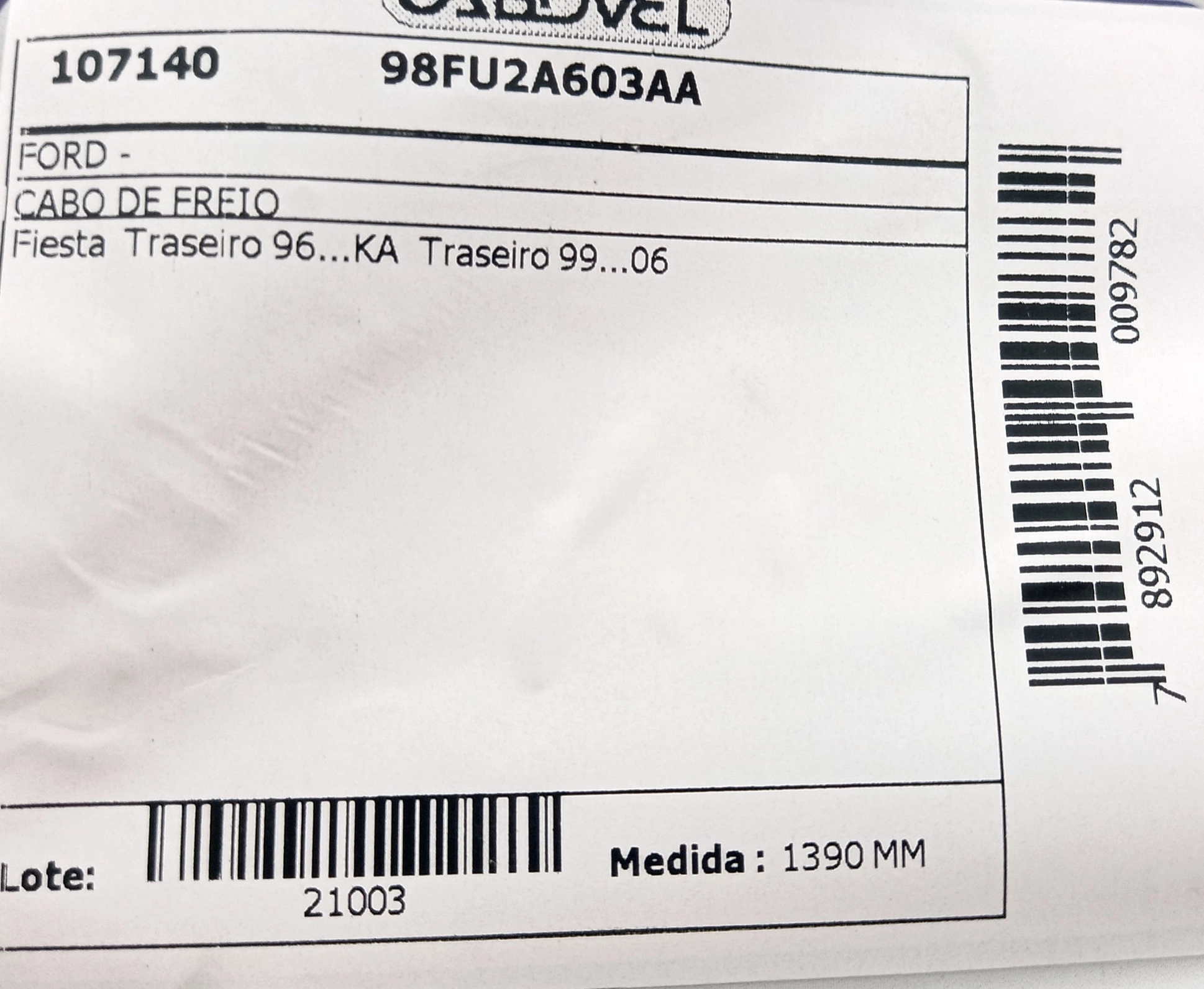 CABO FREIO TRASEIRO 1635MM FORD FIESTA 1996/ KA 1997/2006 DUAS RODAS