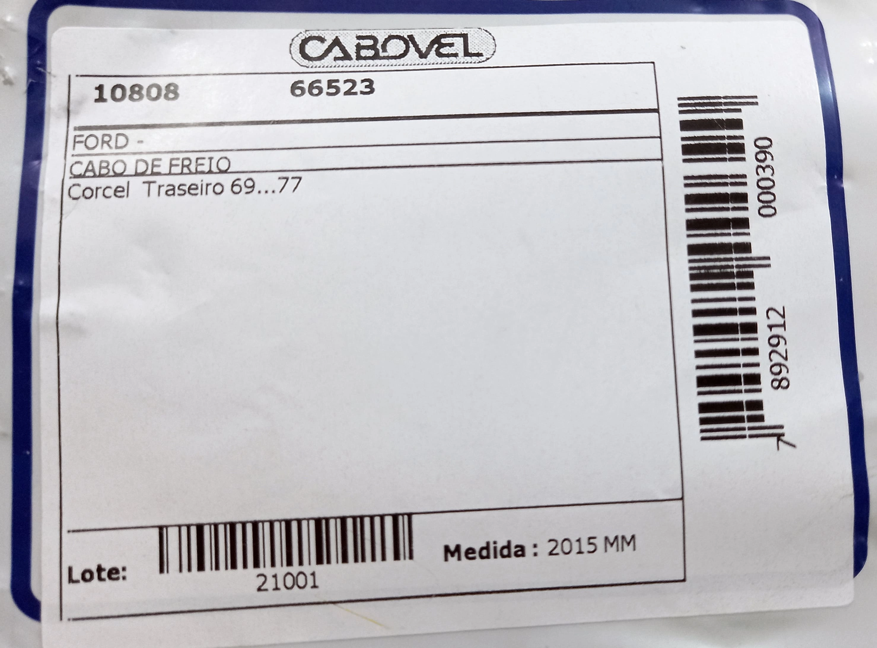 CABO FREIO TRASEIRO 2015MM FORD CORCEL I/BELINA 1969/1977 PARA DUAS RODAS