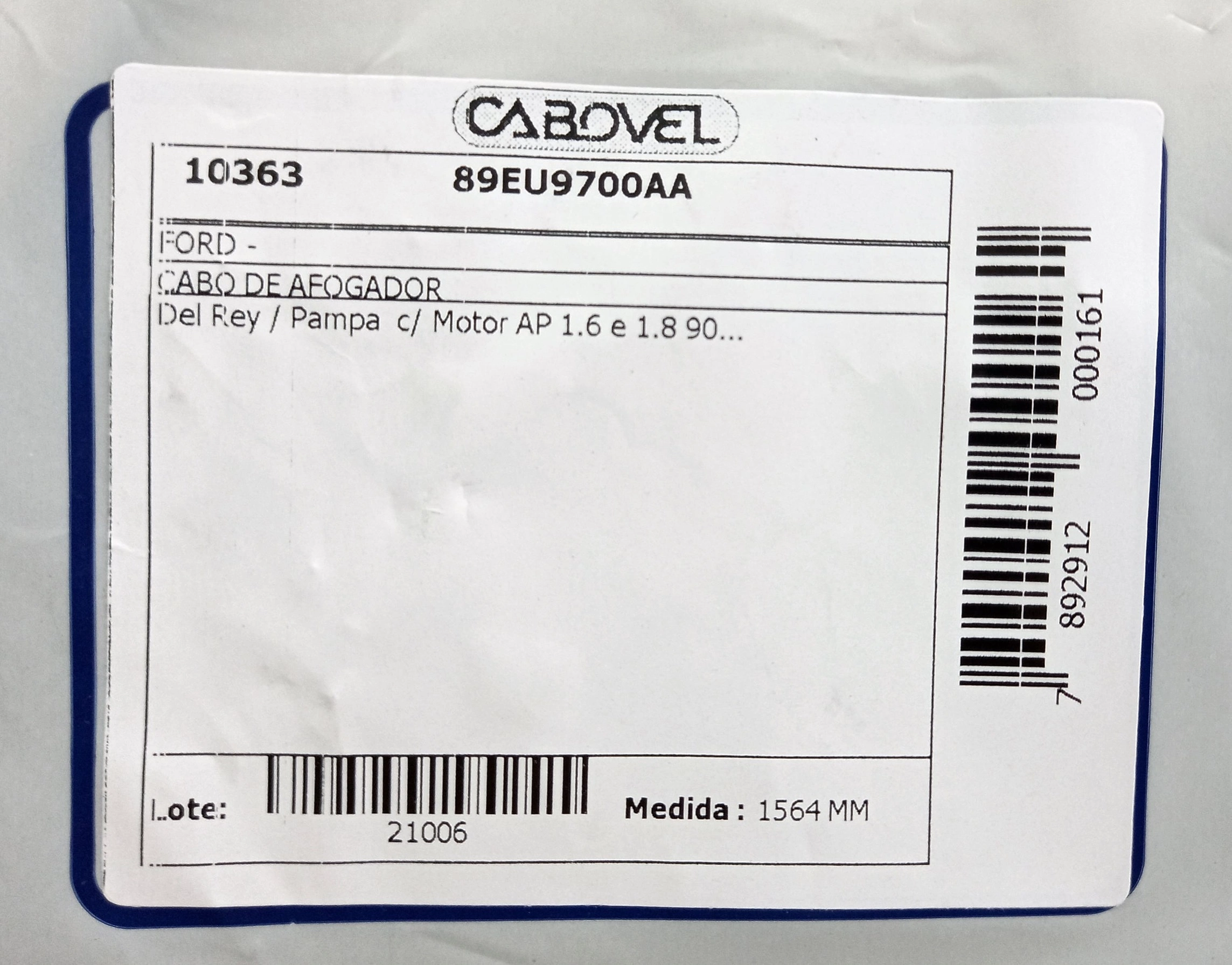 CABO AFOGADOR 1564MM FORD DEL REY/PAMPA 1.6 1.8 90/ COM MOTOR AP