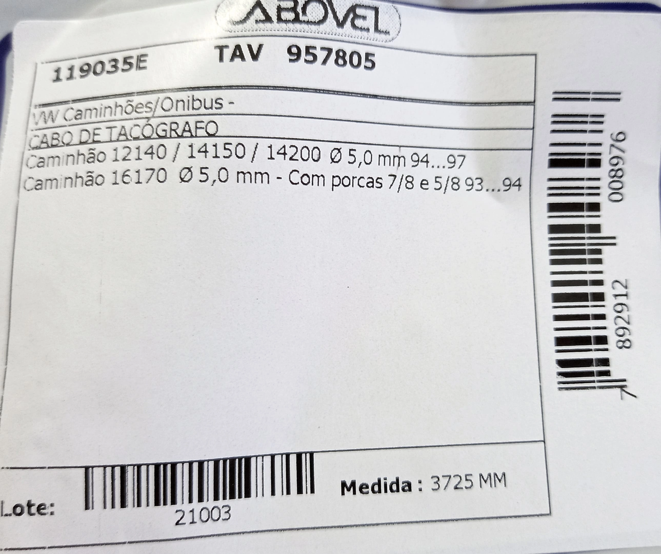 CABO VELOCIMETRO VW 16.170 - INTERNO 5.0MM 93/94 3725MM