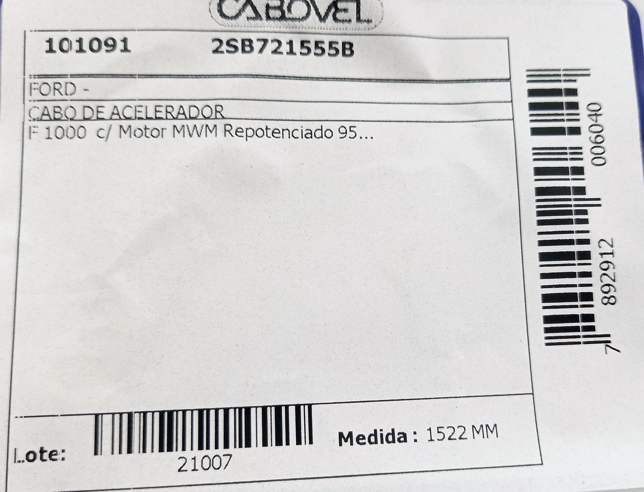 CABO ACELERADOR 1522MM FORD F-1000 1995/ COM MOTOR MWM REPOTENCIADO