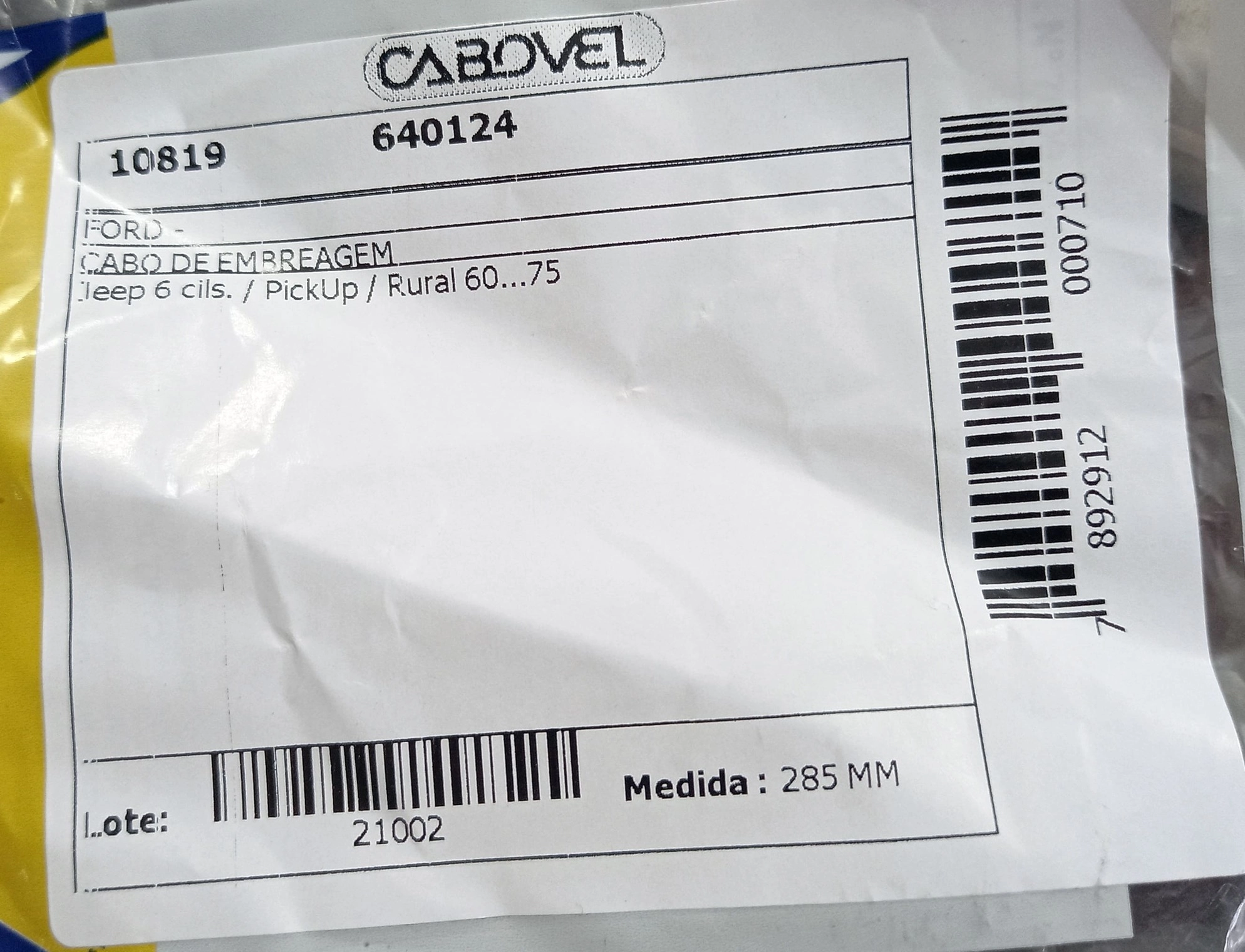 CABO EMBREAGEM FORD JEEP 6 CIL./PICK-UP/RURAL 60/75 285MM