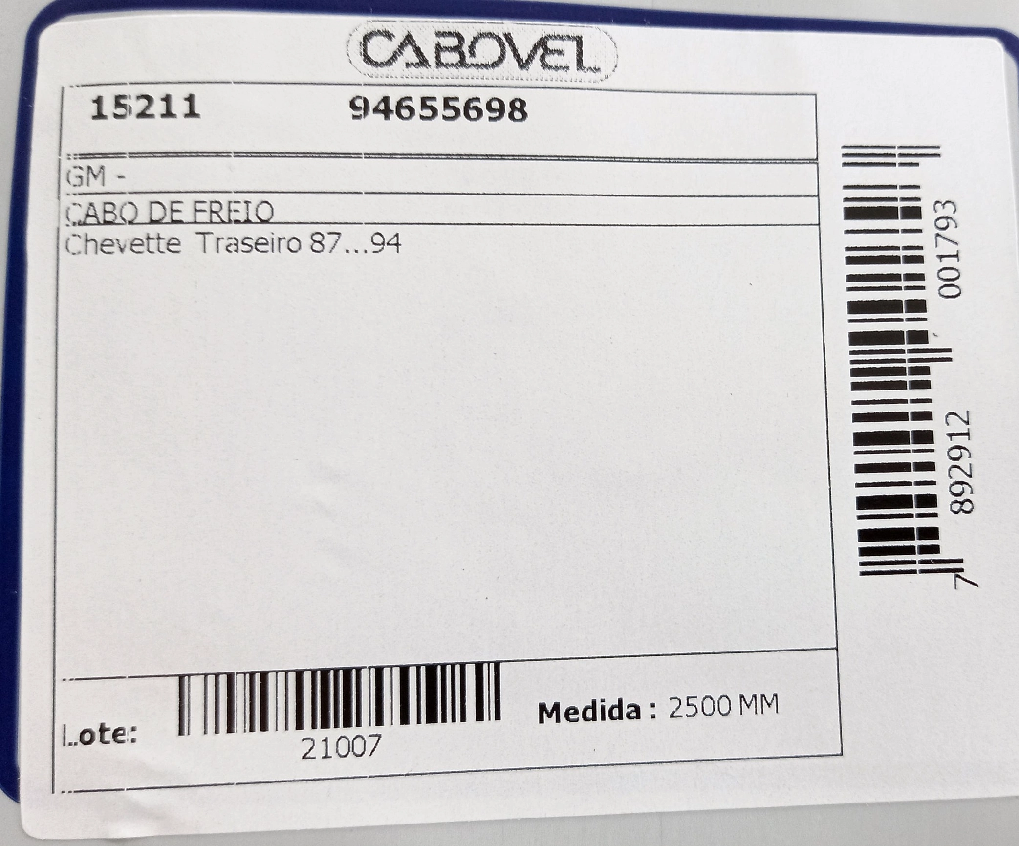 CABO FREIO TRASEIRO 2500MM GM CHEVETTE/CHEVY 87/94 2500