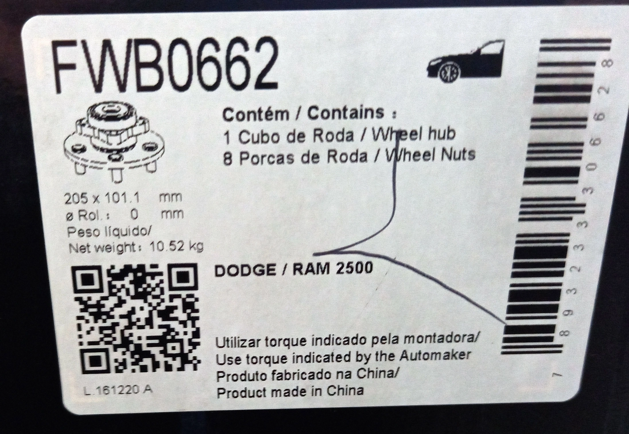 CUBO RODA DIANTEIRO COM ROLAMENTO DODGE RAM 2500 2008/2012
