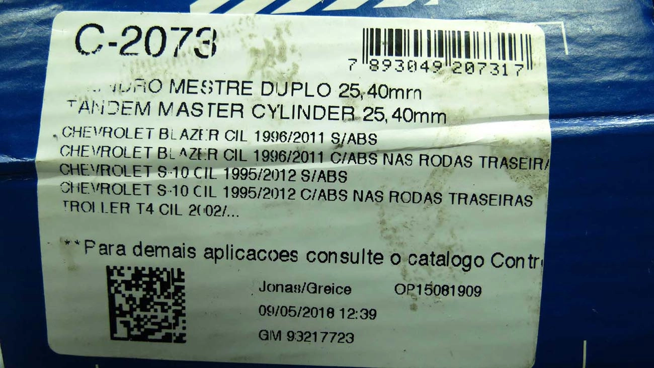 CILINDRO MESTRE FREIO DUPLO 25,40MM COM OU SEM ABS RODAS TRASEIRAS GM BLAZER/S-10 95/12 TROLLER T4 01/05