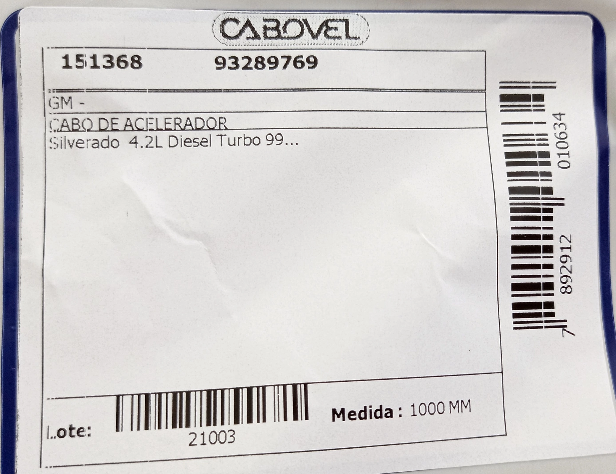 CABO ACELERADOR 1000MM GM SILVERADO 4.2 DIESEL TURBO 99/