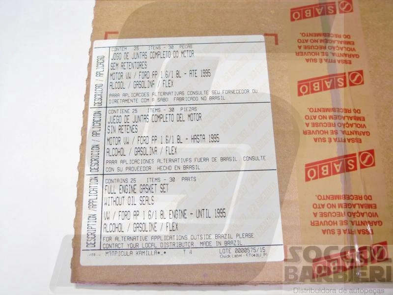 JOGO JUNTAS MOTOR SEM RETENTOR VW GOL/PARATI/SAVEIRO/SANTANA - AP 1.8 84/96 - 1.6 86/96 - FIBRA