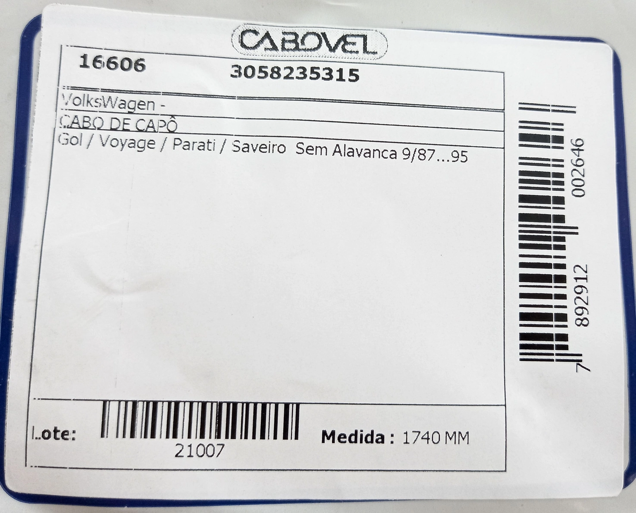 CABO CAPÔ SEM ALAVANCA 1740MM VW GOL/VOYAGE/PARATI/SAVEIRO -09.87/95