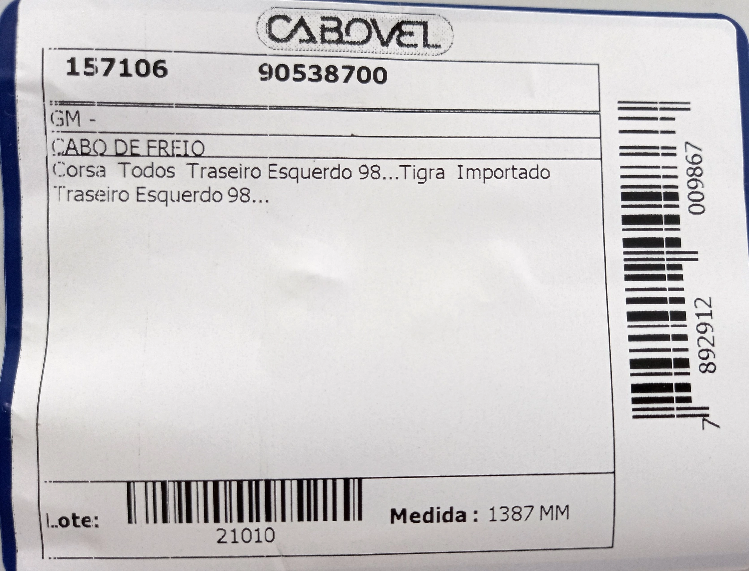 CABO FREIO GM CORSA 98/2001 - CORSA CLASSIC 2002/ - TIGRA98/ - TRASEIRO ESQUERDO - 1387