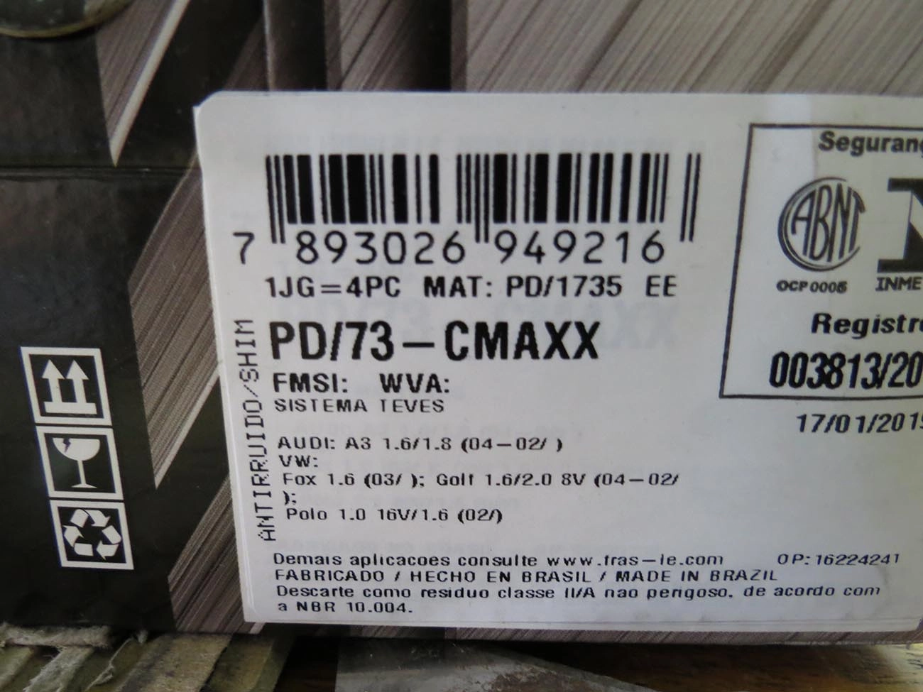 PASTILHA DE FREIO VW GOLF 1.6/2.0 02/ - POLO 1.0/1.6 16V - FOX/CROSSFOX 1.6 - 2002/ ARO 14