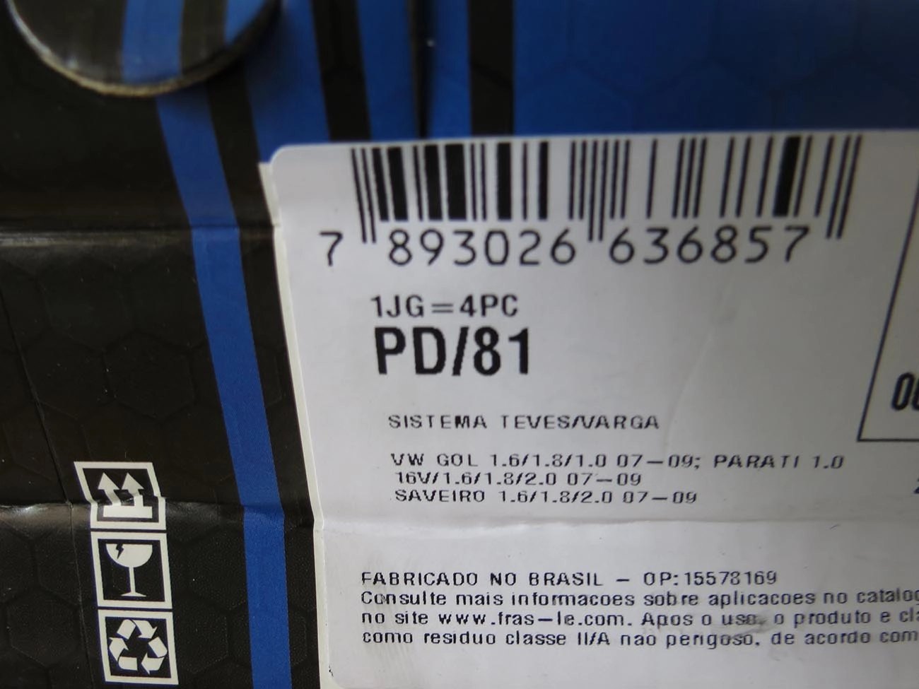 PASTILHA FREIO RODA DIANTEIRA VW GOL 1.0/1.6/1.8 07.2009/ PARATI/SAVEIRO G4 MODELO ANTIGO