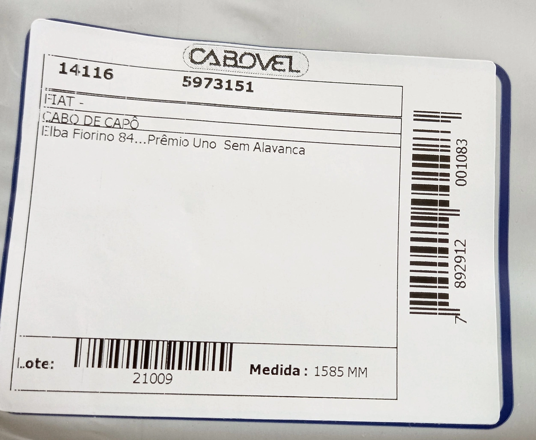CABO CAPÔ SEM ALAVANCA 1585MM CAPO FIAT UNO/PREMIO/ELBA/FIORINO 84/