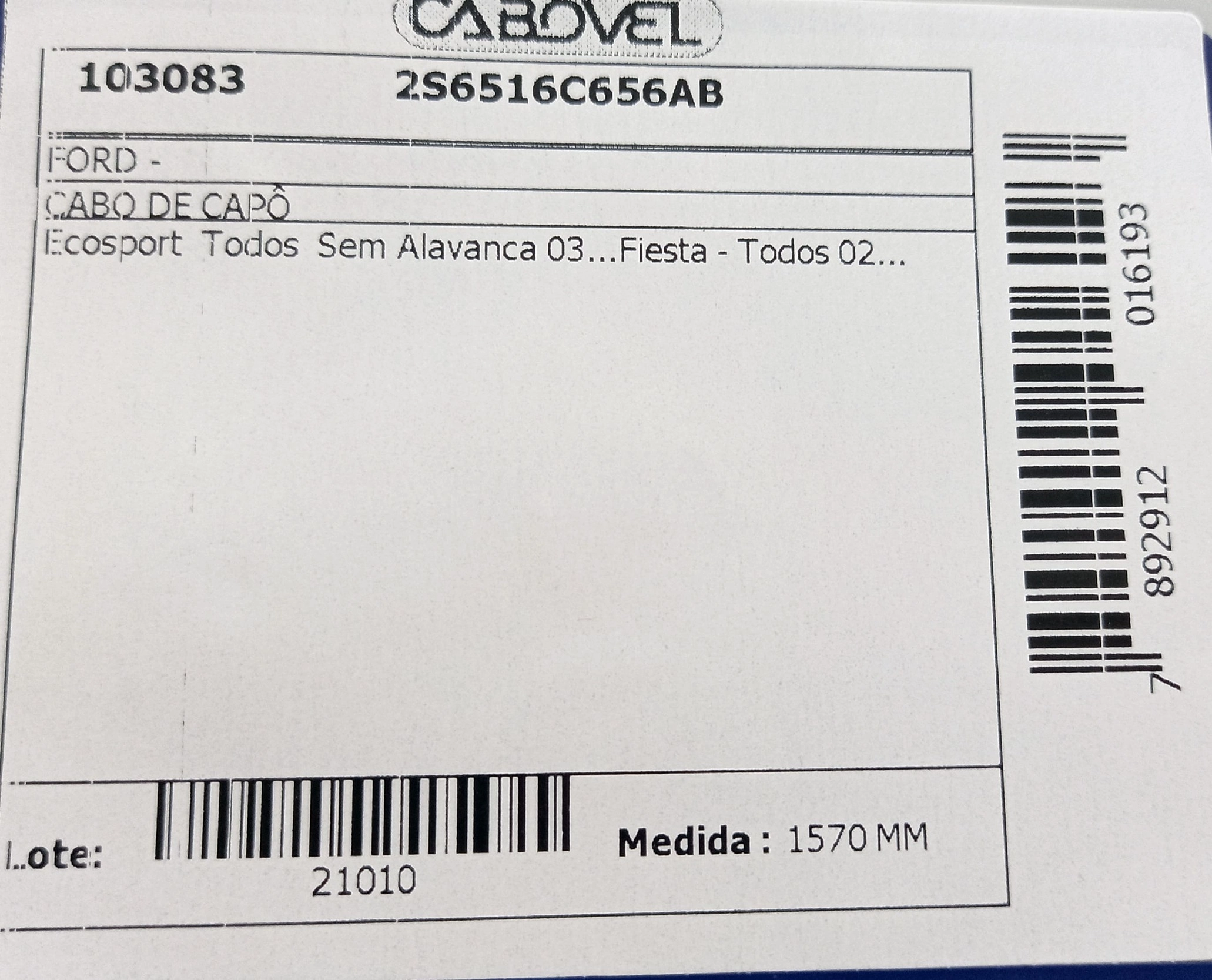 CABO DO CAPÔ SEM ALAVANCA FORD ECOSPORT 2003/ - FIESTA 2002/ - 1570MM