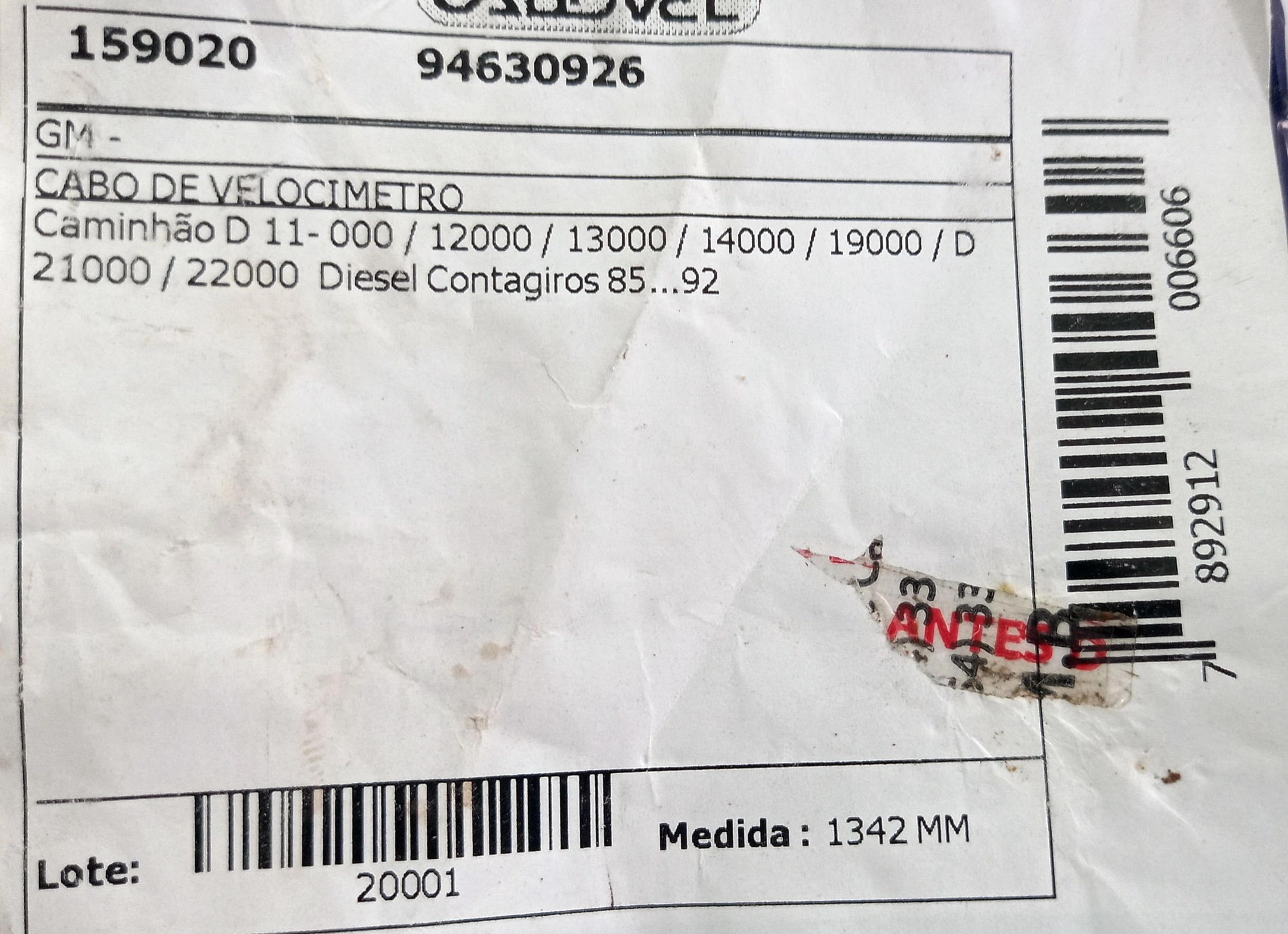 CABO VELOCIMETRO GM D-11000/12000/13000/14000/19000/22000 CONTAGIRO 85/92 1342