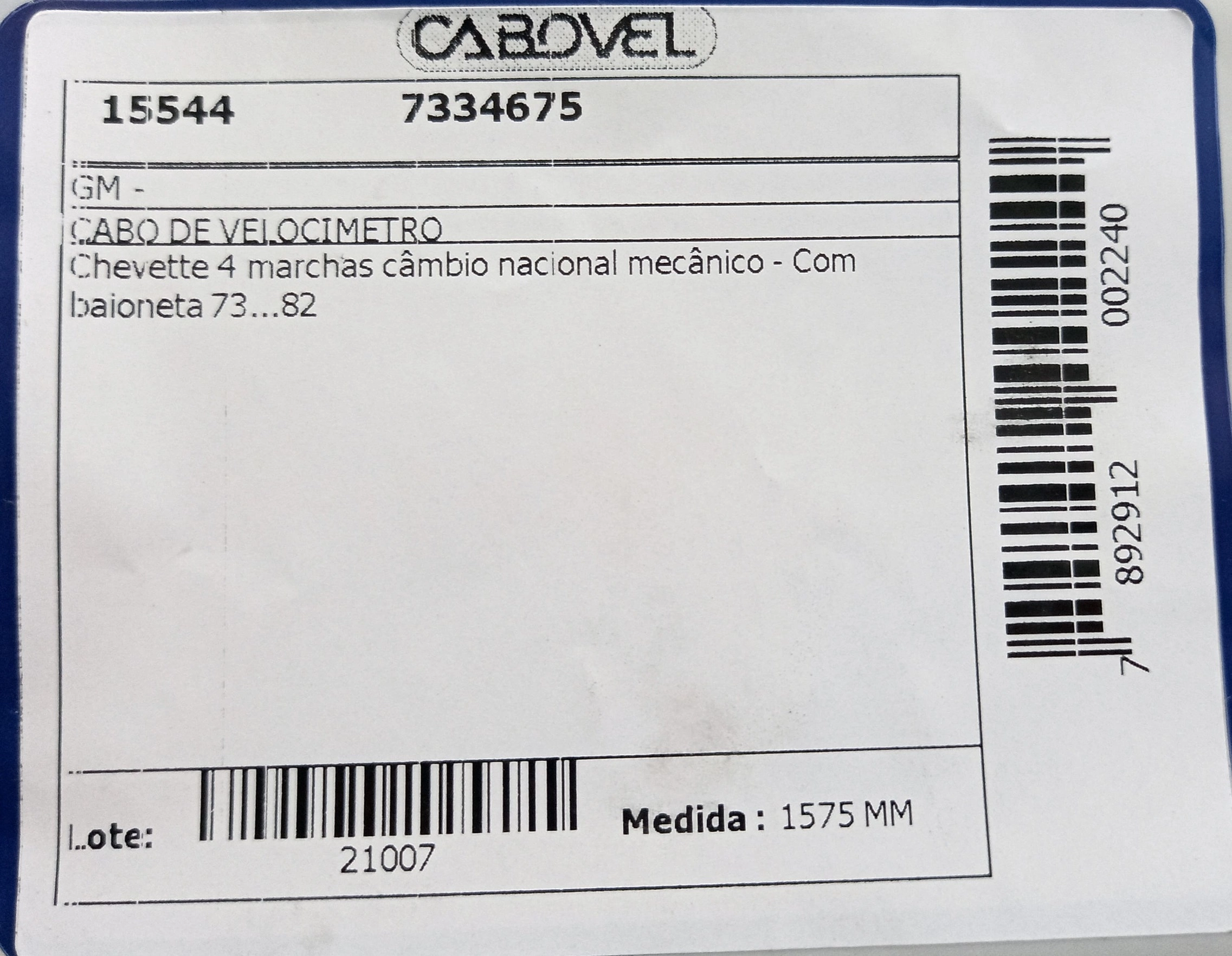 CABO VELOCIMETRO GM CHEVETTE/CHEVY 4 MARCHAS - CAMBIO NACIONAL MECANICO 73/82 1575