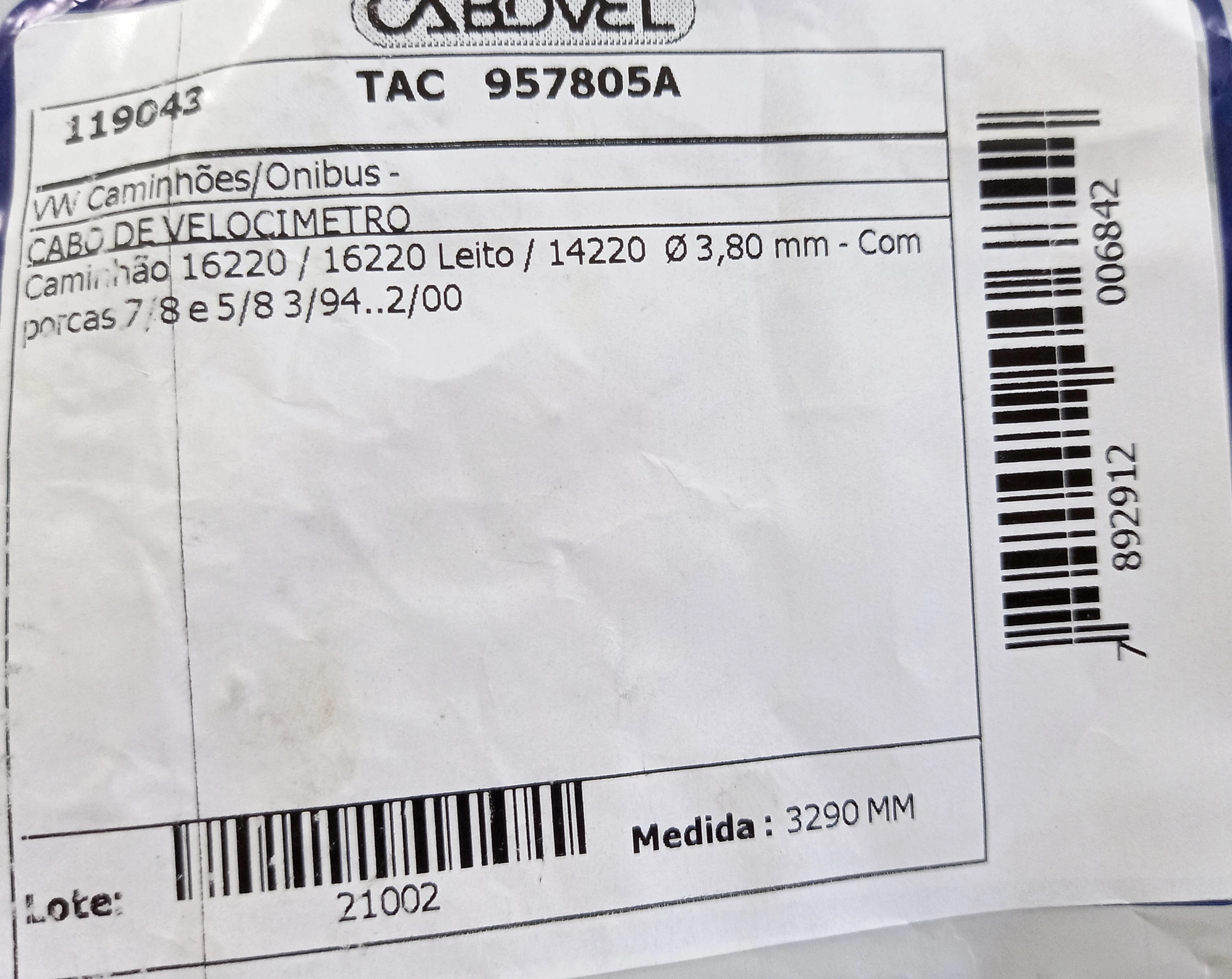 CABO VELOCIMETRO VW 16.220/16.220 LEITO/14220 -INTERNO 3.80MM 03.94/02.00 3290MM