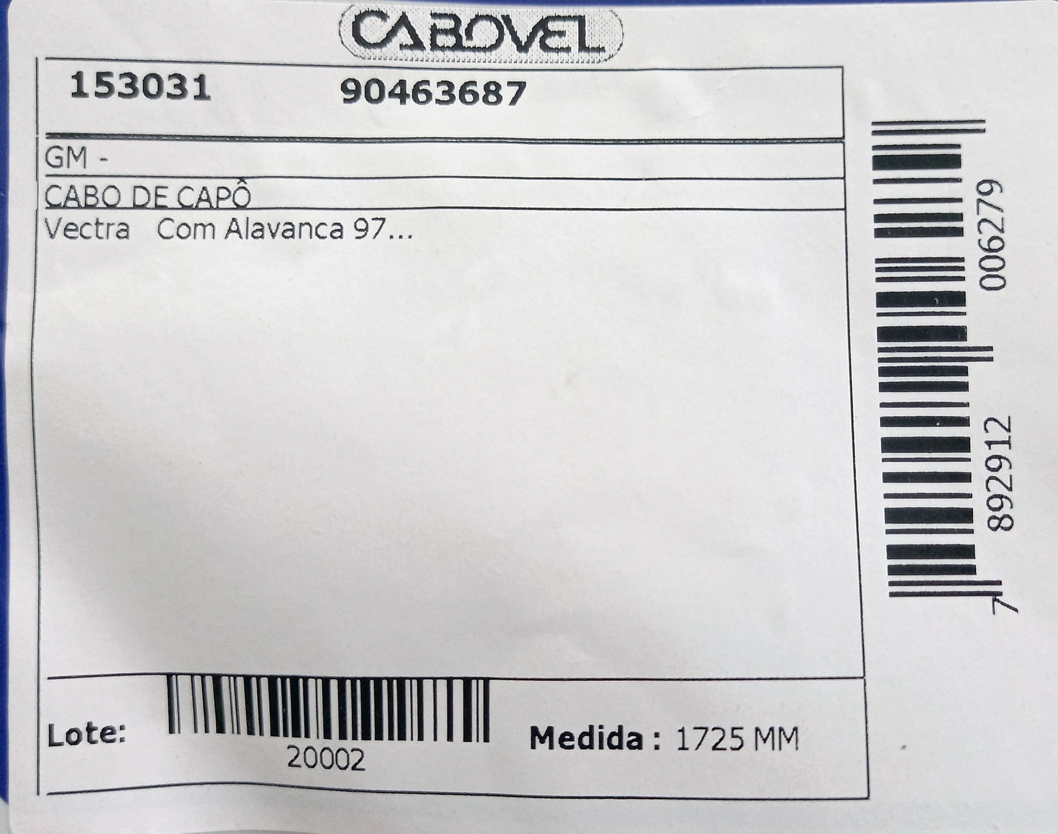 CABO CAPÔ COM ALAVANCA 1725MM CAPO GM VECTRA 97/ 1725