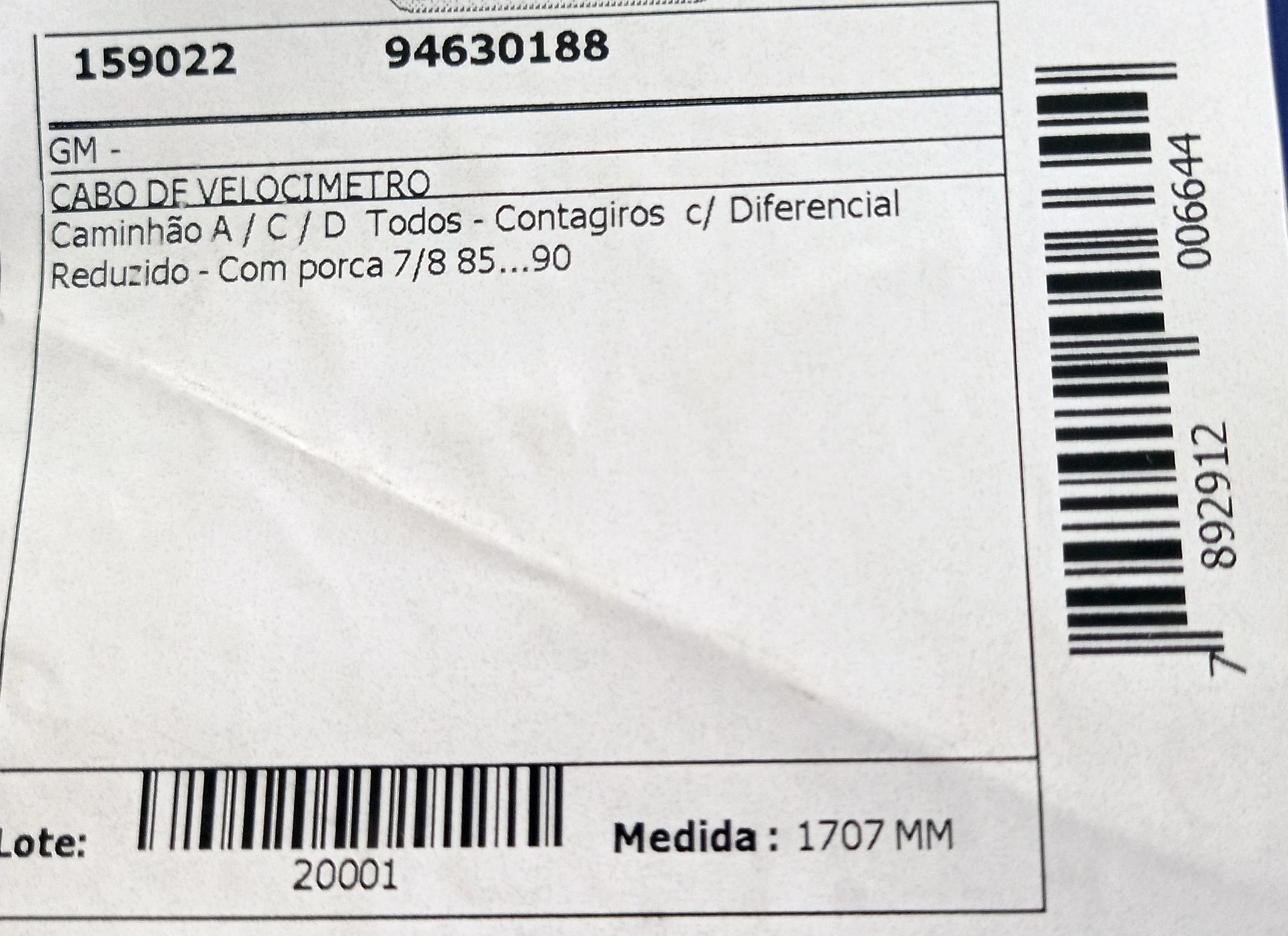 CABO VELOCIMETRO GM A/C/D-TODOS - CONTAGIROS C/DIFERENCIAL REDUZIDO 85/90 1707