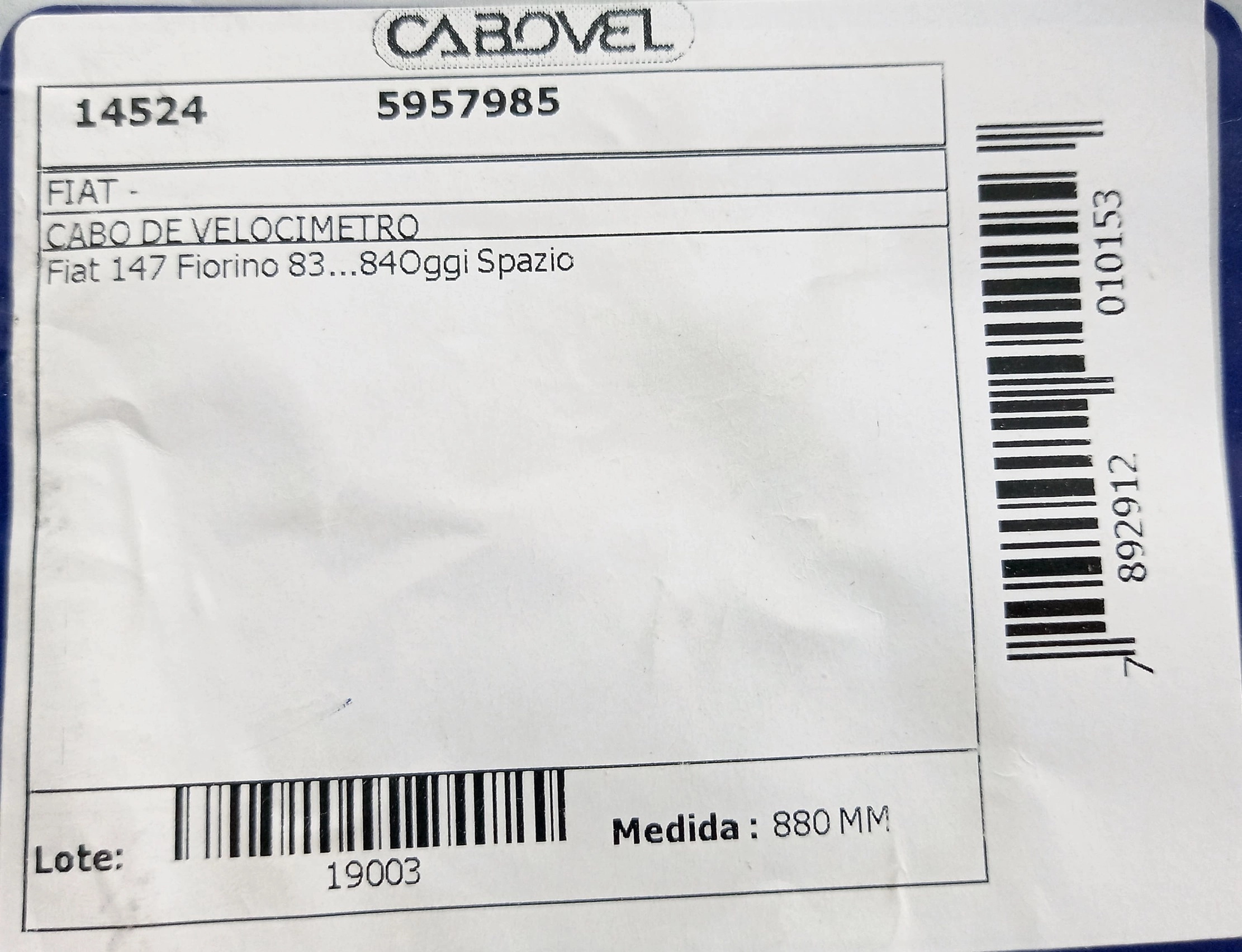 CABO VELOCIMETRO FIAT 147/OGGI/PANORAMA/FIORINO 147 83/86 880MM