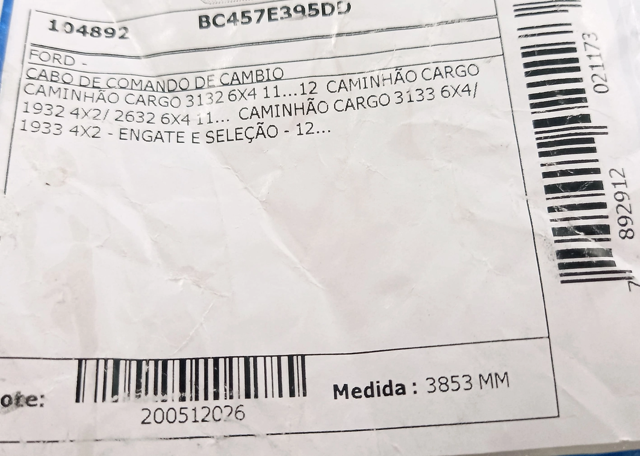 CABO CÂMBIO ENGATE/SELEÇÃO DAS MARCHAS FORD CARGO 1932/2632/3132/3133 2011/
