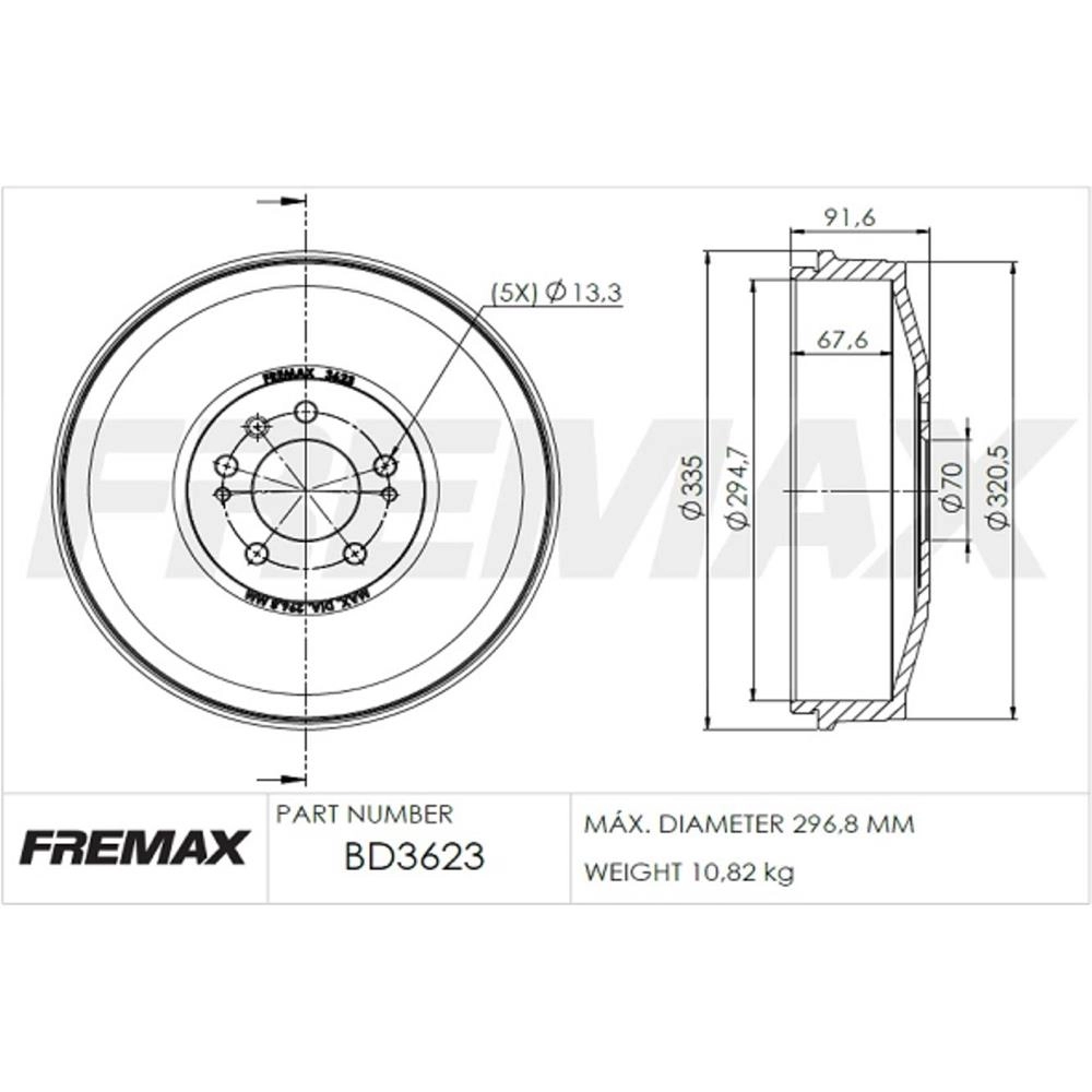 TAMBOR FREIO TRASEIRO SEM CUBO FIAT TORO 2.0 16V 16/ 4X2/4X4 MULTIJET II DIESEL 294,70MM INTERNO