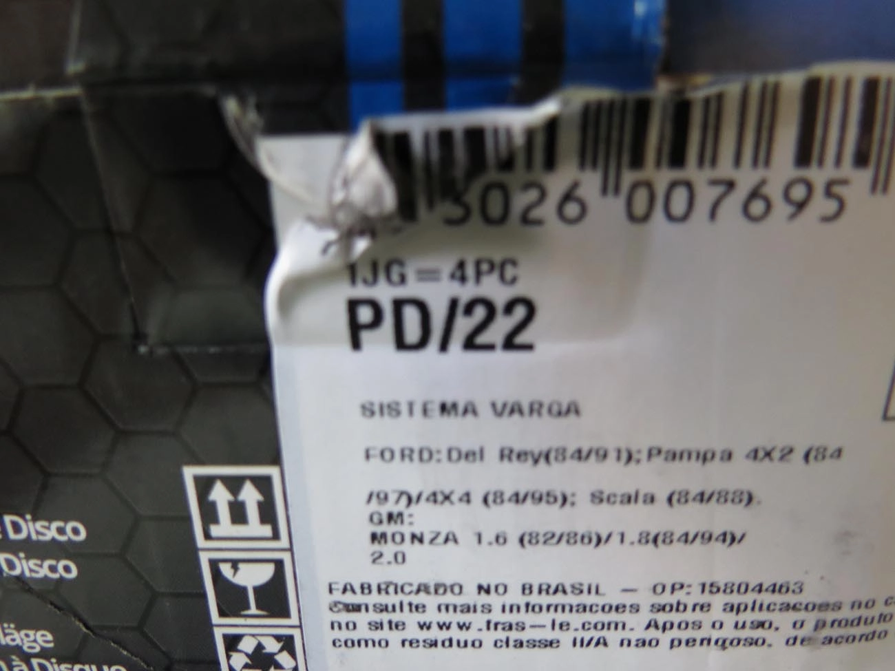 PASTILHA FREIO RODA DIANTEIRA FORD DEL REY/PAMPA 83/ GM MONZA/KADETT/IPANEMA /96