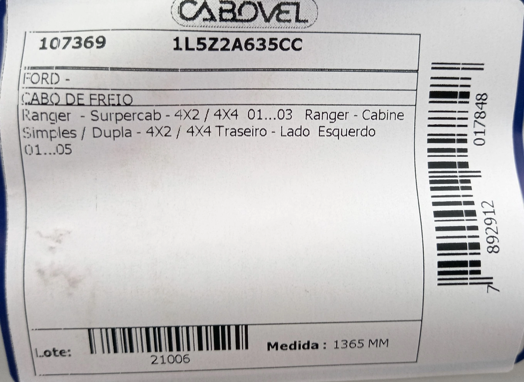 CABO FREIO TRASEIRO ESQUERDO - FORD RANGER CABINE SIMPLES/DUPLA/SUPER 2001/2005 - 1365MM